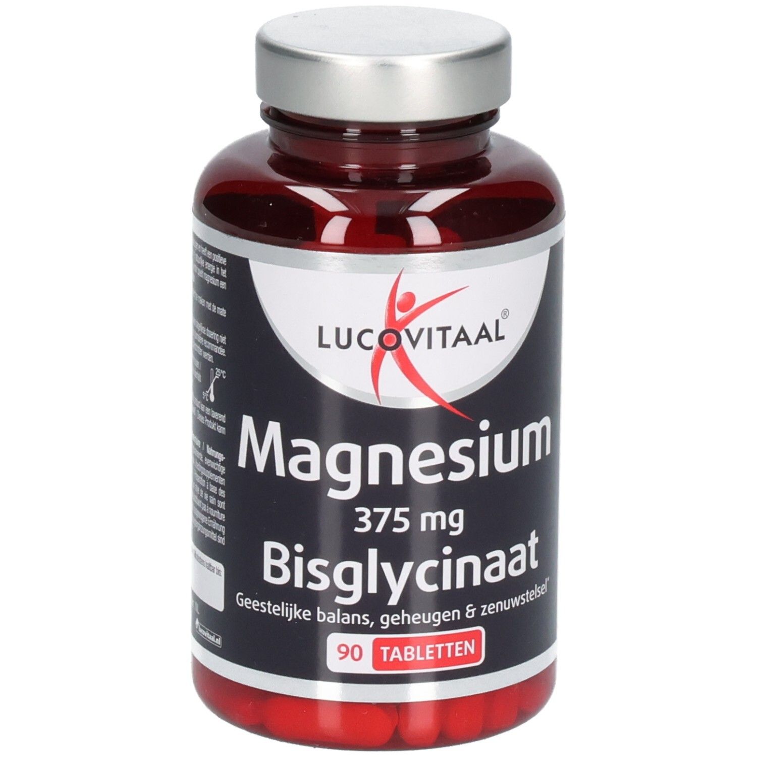 Flacon brun de comprimés. Inscription: Lucovitaal, Magnésium 375 mg Bisglycinate, 90 comprimés.