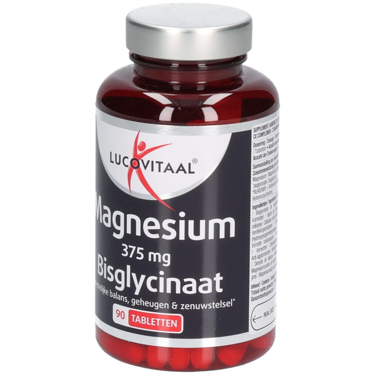 Flacon brun de comprimés. Inscription: Lucovitaal, Magnésium 375 mg Bisglycinate, 90 comprimés.