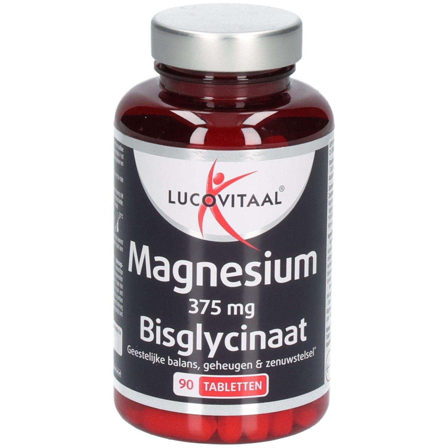 Flacon brun de comprimés. Inscription: Lucovitaal, Magnésium 375 mg Bisglycinate, 90 comprimés.