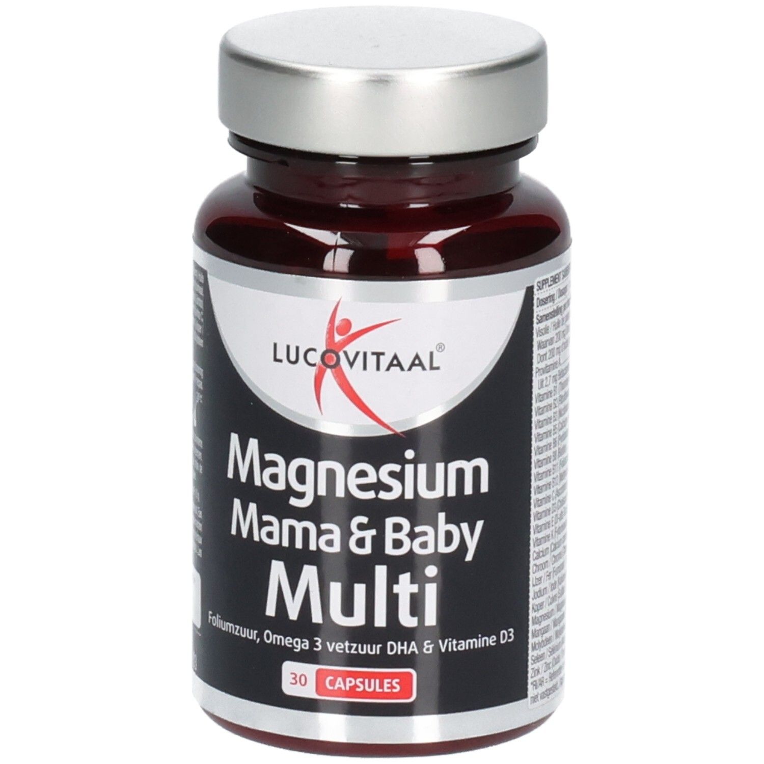 Flacon brun de gélules. Inscription: Lucovitaal, Magnesium Mama & Baby Multi, 30 gélules.