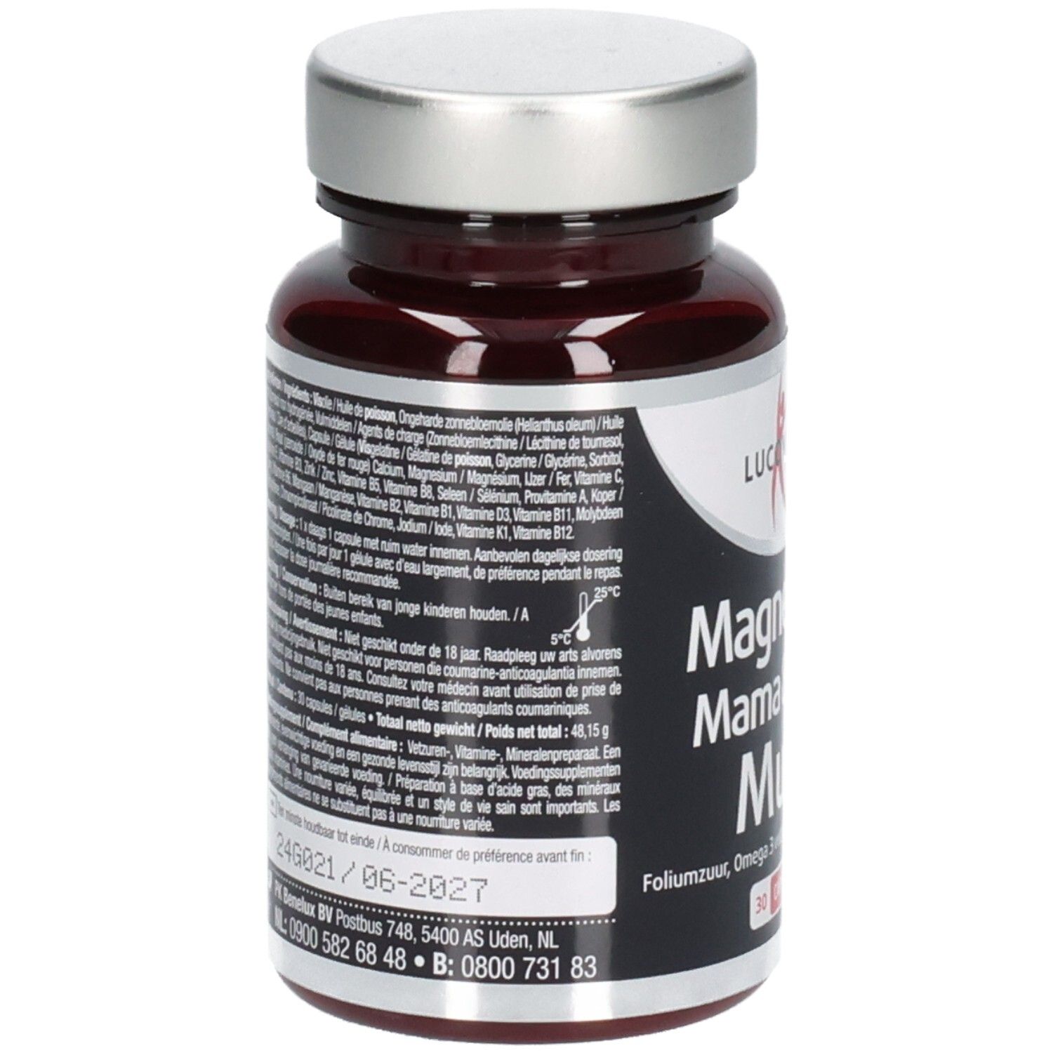 Dos du flacon avec informations produit. Inscription: Lucovitaal, Magnesium Mama & Baby Multi.