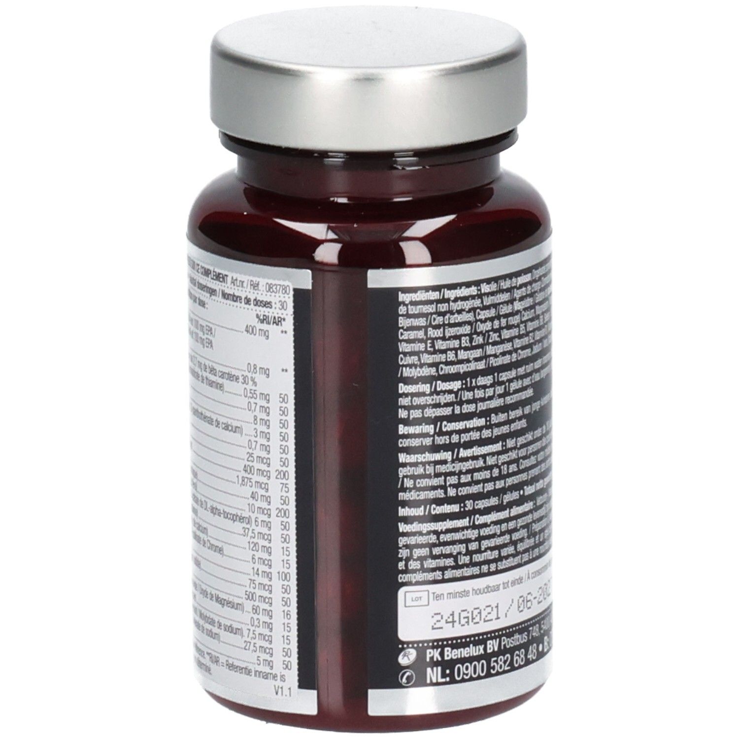 Dos du flacon avec ingrédients et dosage. Inscription: Lucovitaal, Magnesium Mama & Baby Multi.