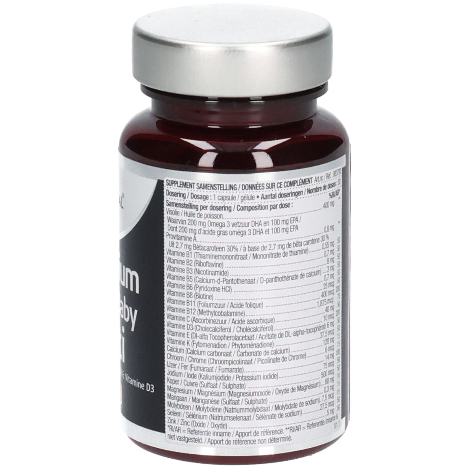 Dos du flacon avec informations nutritionnelles. Inscription: Lucovitaal, Magnesium Mama & Baby Multi.