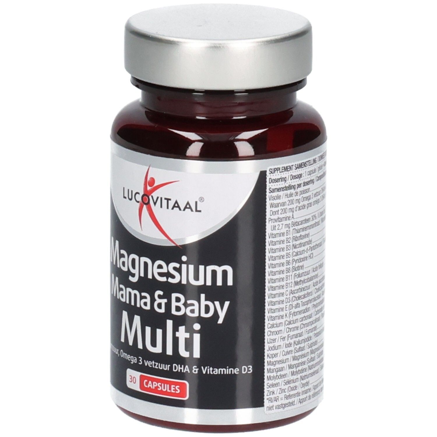 Flacon brun de gélules. Inscription: Lucovitaal, Magnesium Mama & Baby Multi, 30 gélules.