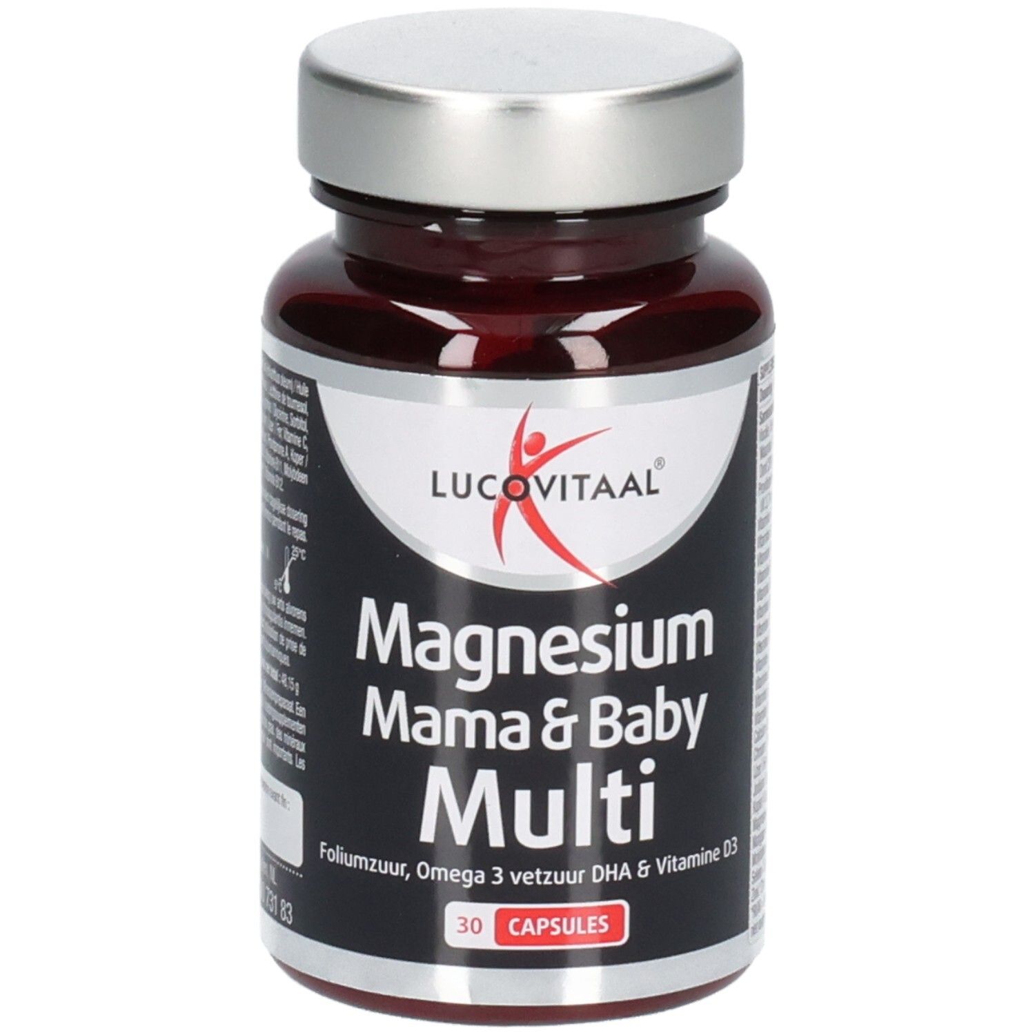 Flacon brun de gélules. Inscription: Lucovitaal, Magnesium Mama & Baby Multi, 30 gélules.