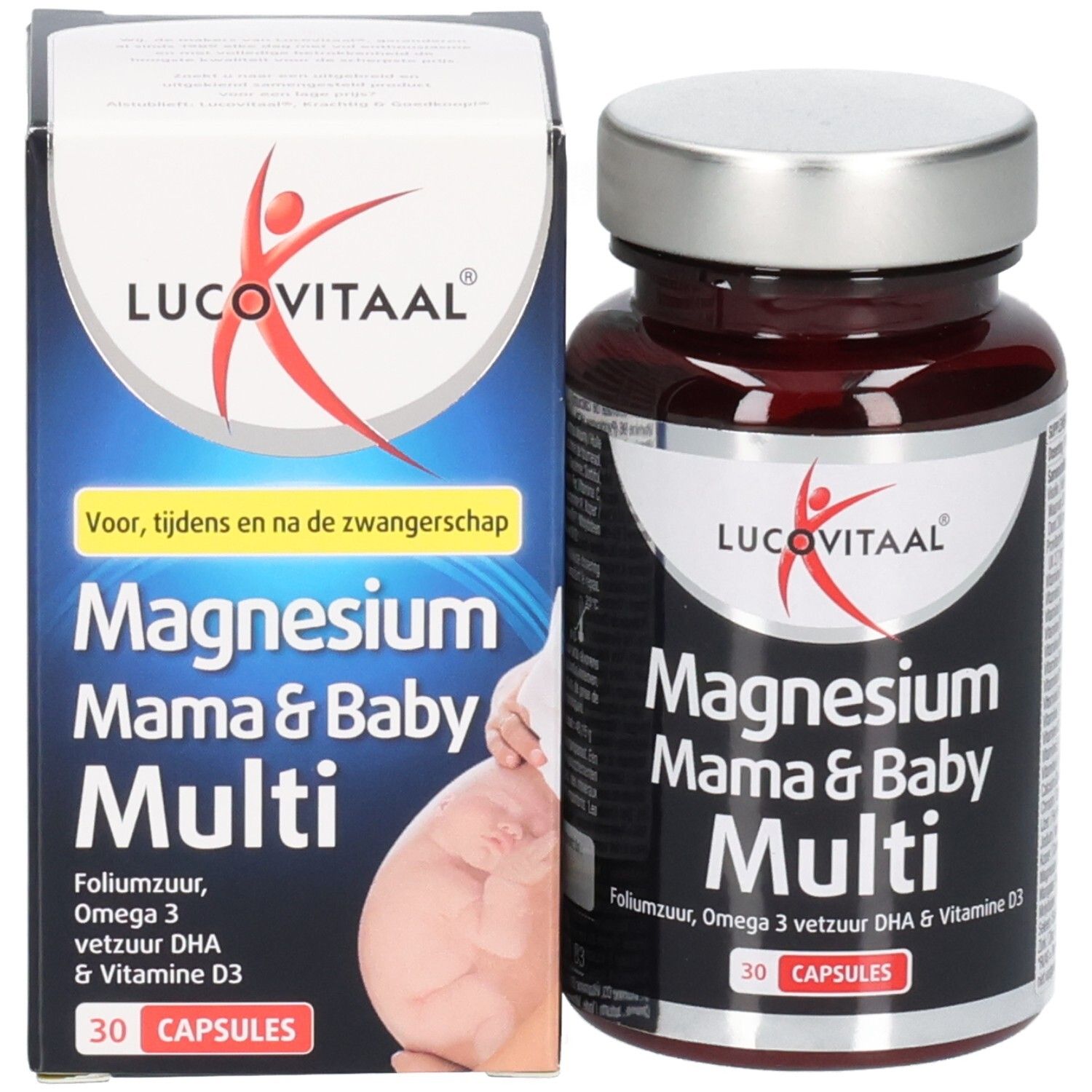 Emballage et flacon. Inscription: Lucovitaal, Magnesium Mama & Baby Multi, 30 gélules.