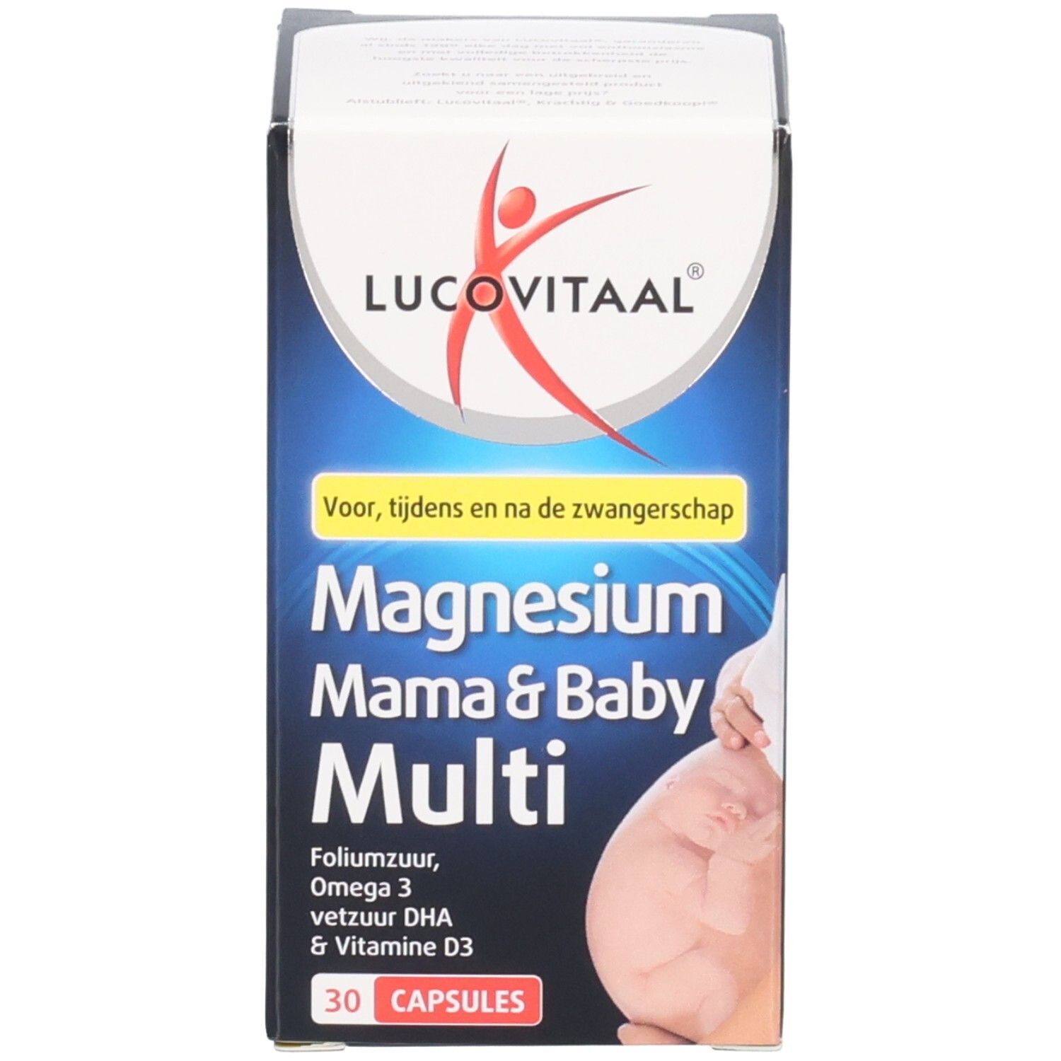 Emballage du produit. Inscription: Lucovitaal, Magnesium Mama & Baby Multi, 30 gélules.