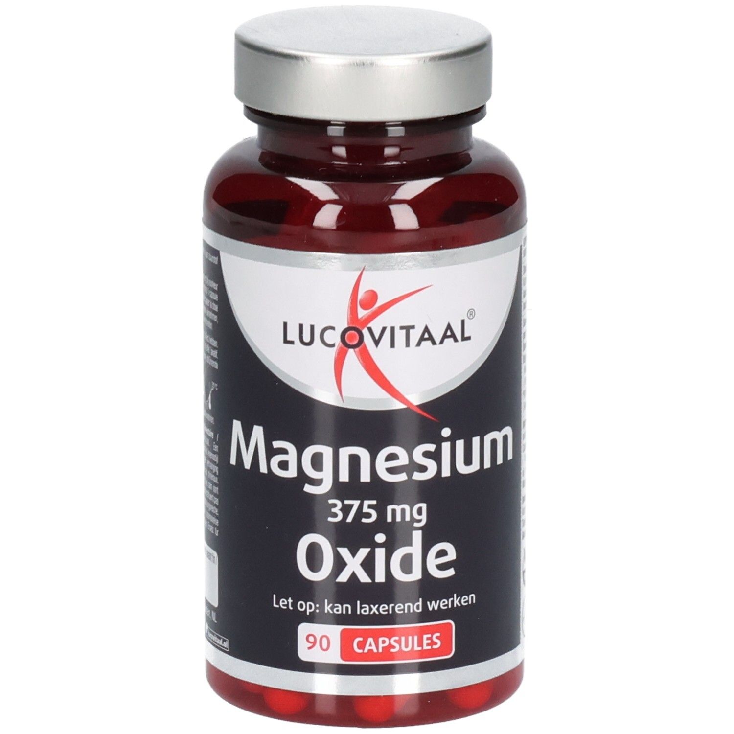 Flacon marron avec bouchon argenté. Inscription: Lucovitaal, Magnesium Oxide, 375 mg, 90 capsules.