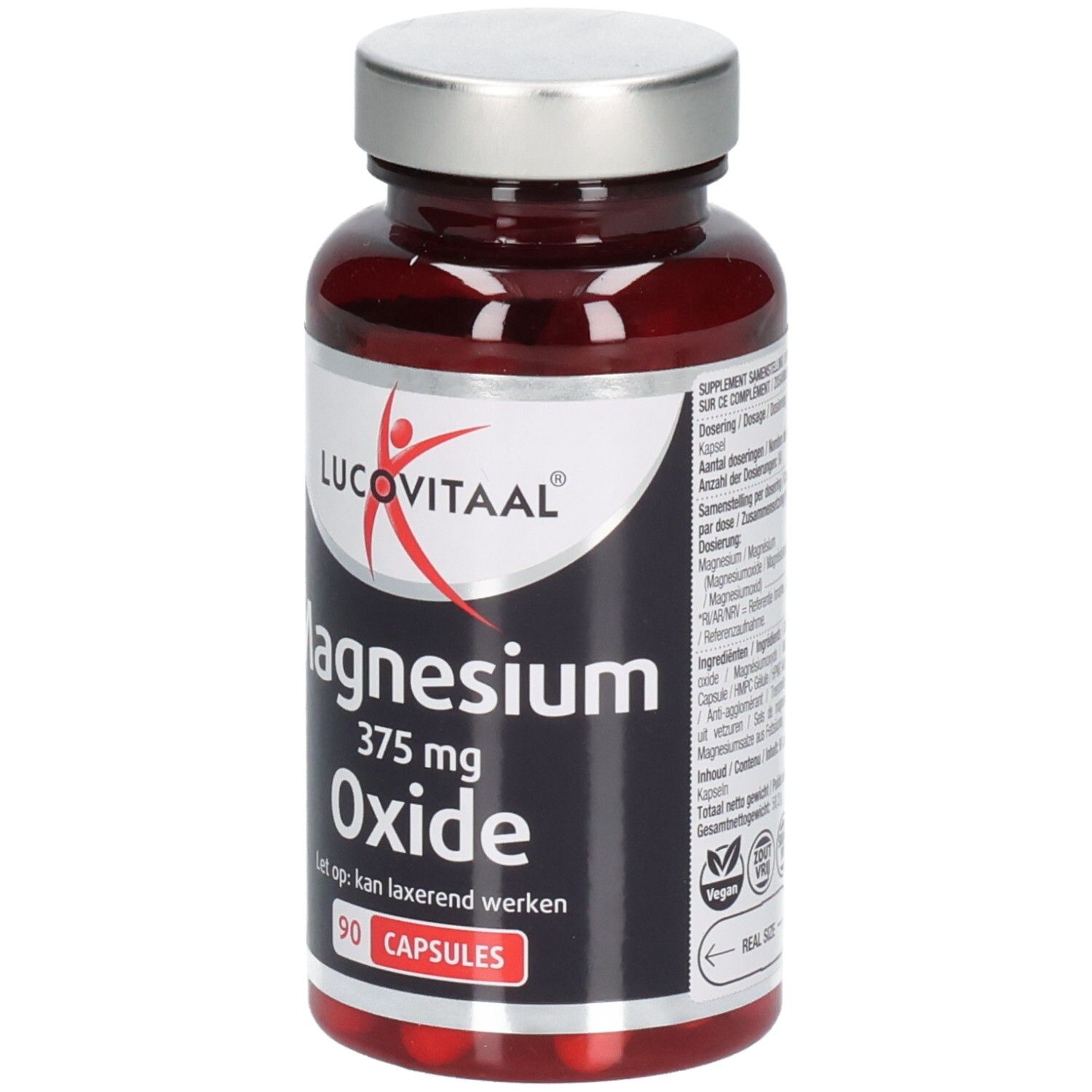 Flacon marron avec bouchon argenté. Inscription: Lucovitaal, Magnesium Oxide, 375 mg, 90 capsules. Label vegan.