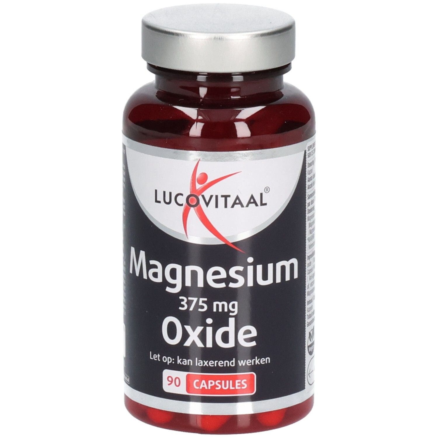Flacon marron avec bouchon argenté. Inscription: Lucovitaal, Magnesium Oxide, 375 mg, 90 capsules.
