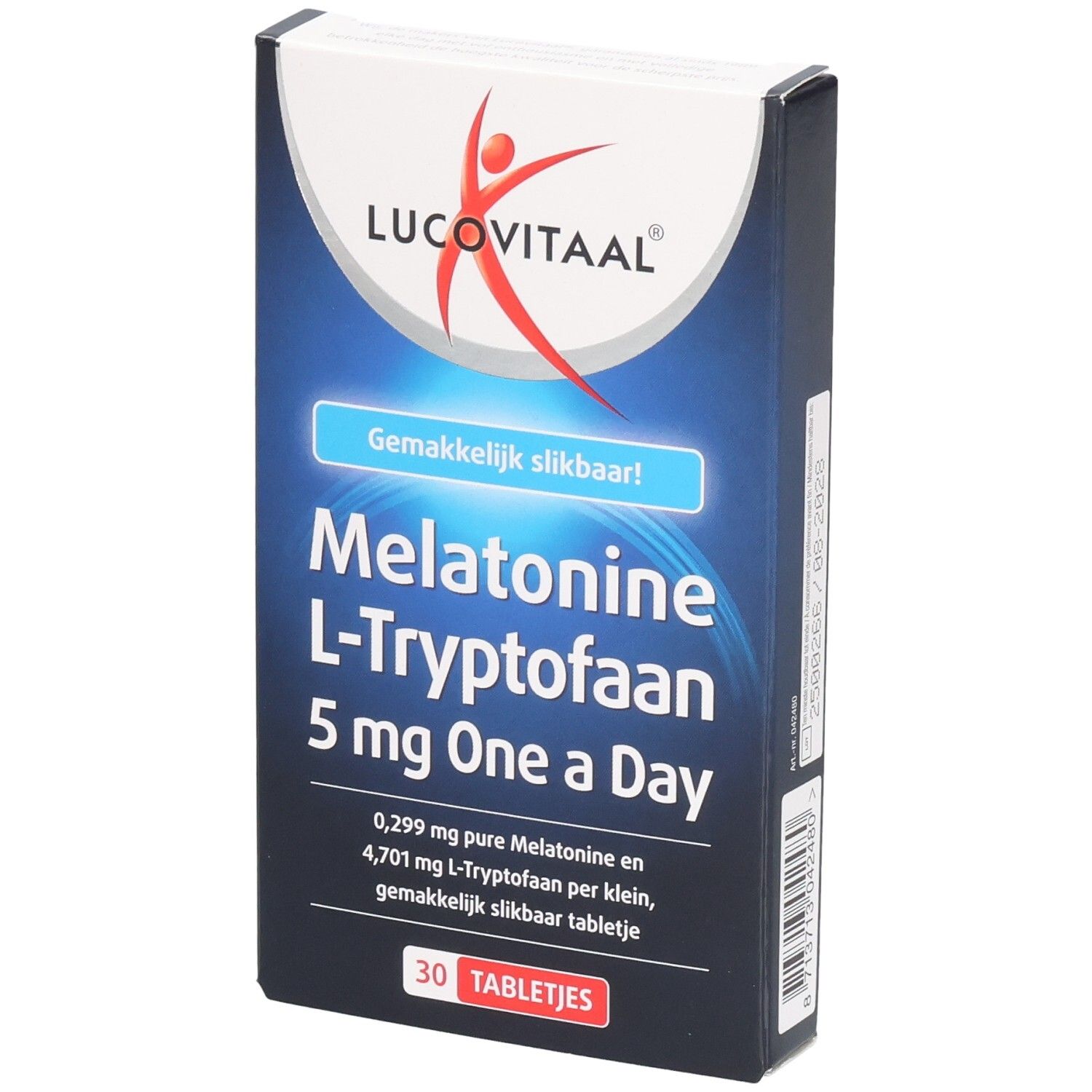 Boîte "Lucovitaal Melatonine L-Tryptofaan". Emballage bleu et blanc. Contient 30 comprimés. "Gemakkelijk slikbaar!"