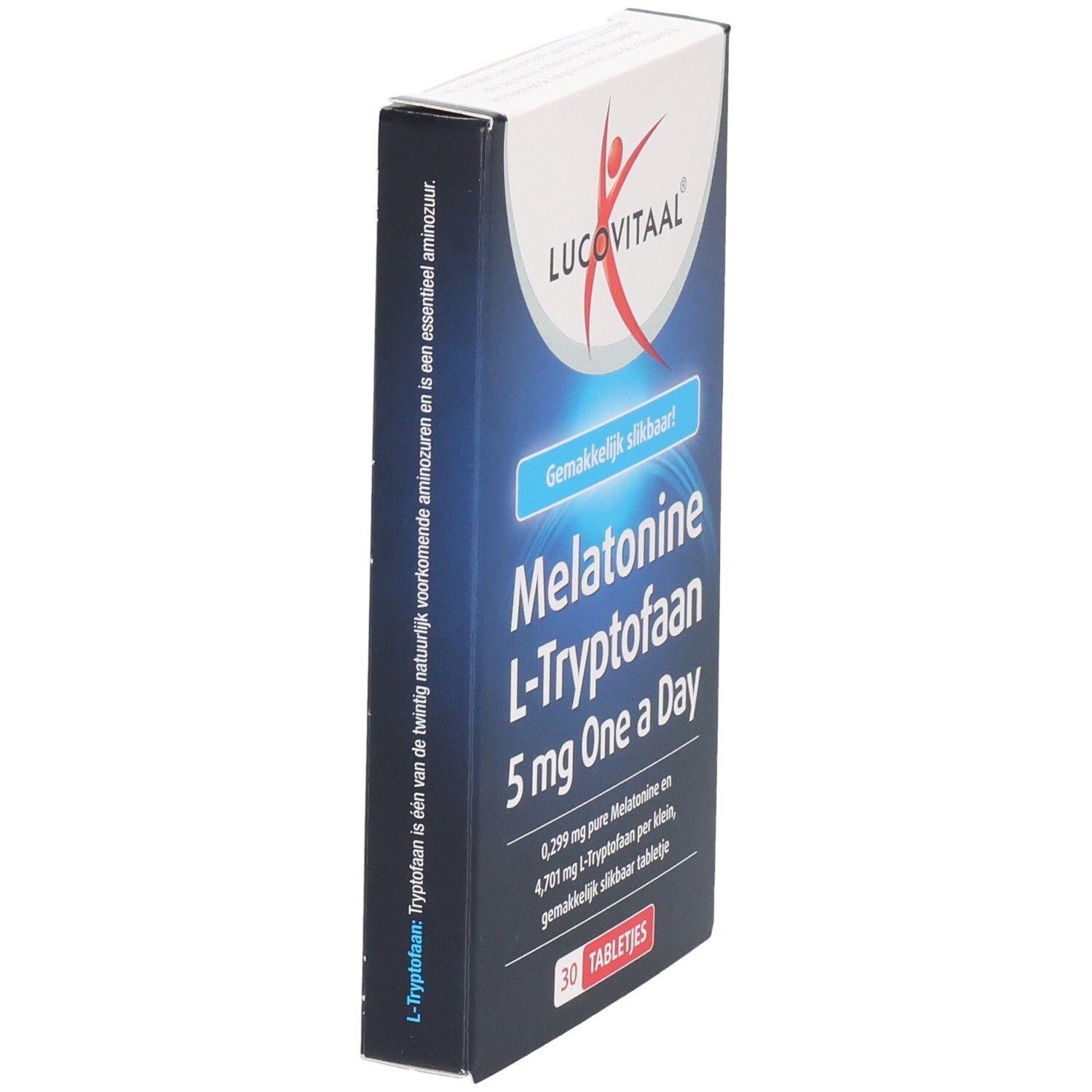 Vue latérale de la boîte "Lucovitaal Melatonine L-Tryptofaan". Emballage bleu et blanc. Texte: "Gemakkelijk slikbaar!".