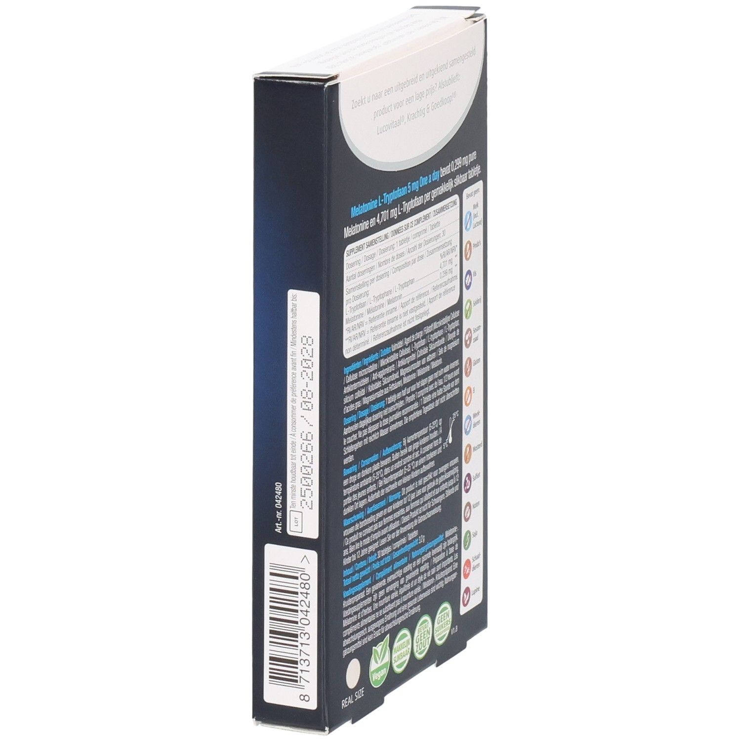 Vue latérale de la boîte "Lucovitaal Melatonine L-Tryptofaan". Code-barres et date de péremption. Emballage bleu et blanc.