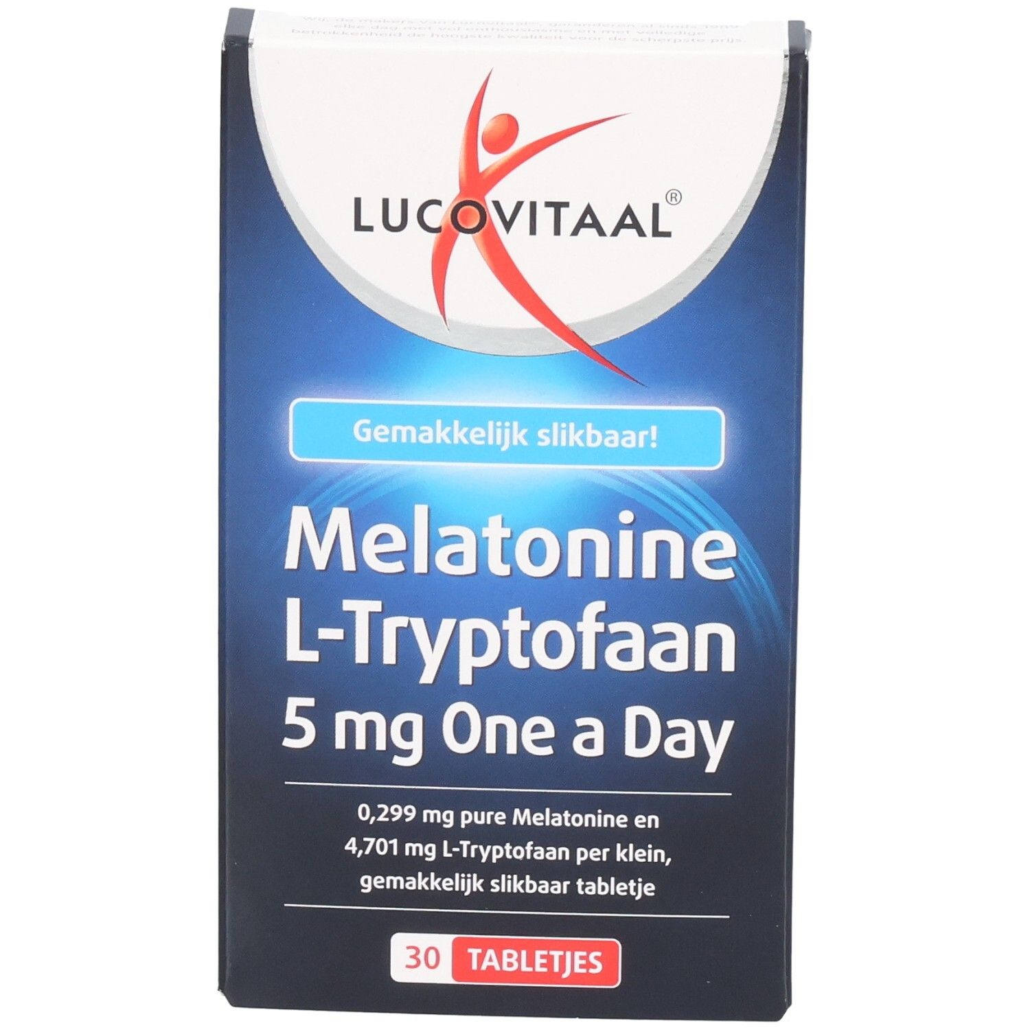 Vue de face de la boîte "Lucovitaal Melatonine L-Tryptofaan". Emballage bleu et blanc. Contient 30 comprimés. "Gemakkelijk slikbaar!"