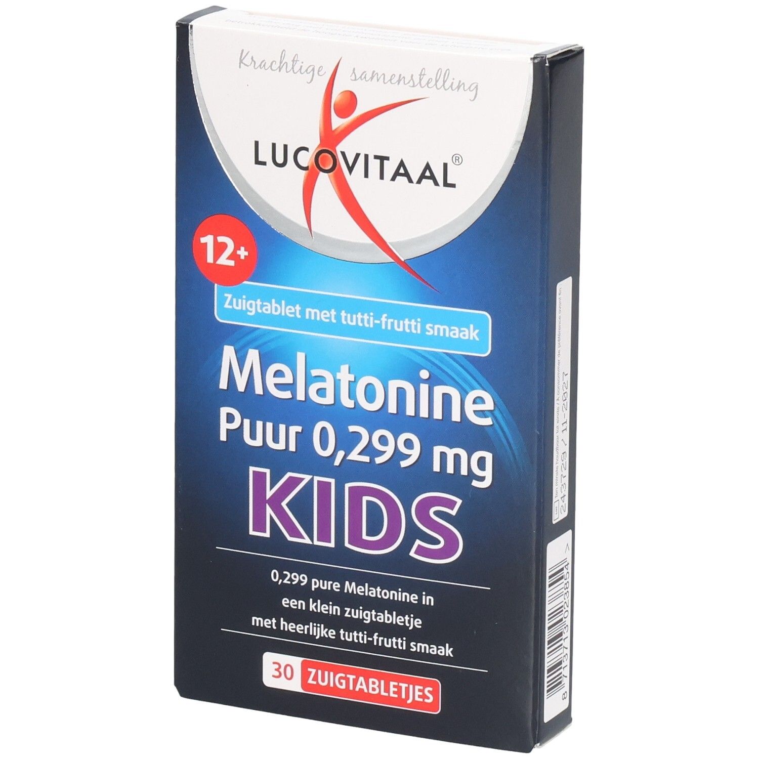 Boîte de Lucovitaal Mélatonine Enfants. Contient 30 comprimés à sucer goût tutti-frutti. Pour enfants de 12 ans et plus.