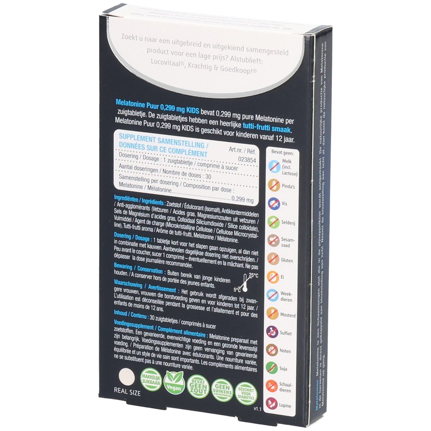 Dos de la boîte Lucovitaal Mélatonine Enfants. Contient des informations sur les ingrédients et le dosage. 30 comprimés.