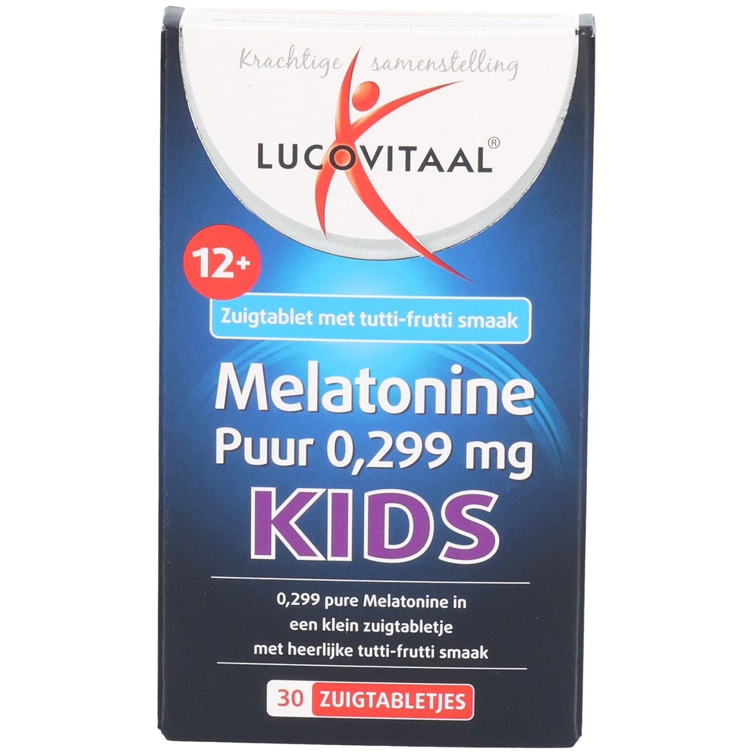 Boîte Lucovitaal Mélatonine Enfants. Contient 30 comprimés à sucer goût tutti-frutti. Pour enfants de 12 ans et plus.
