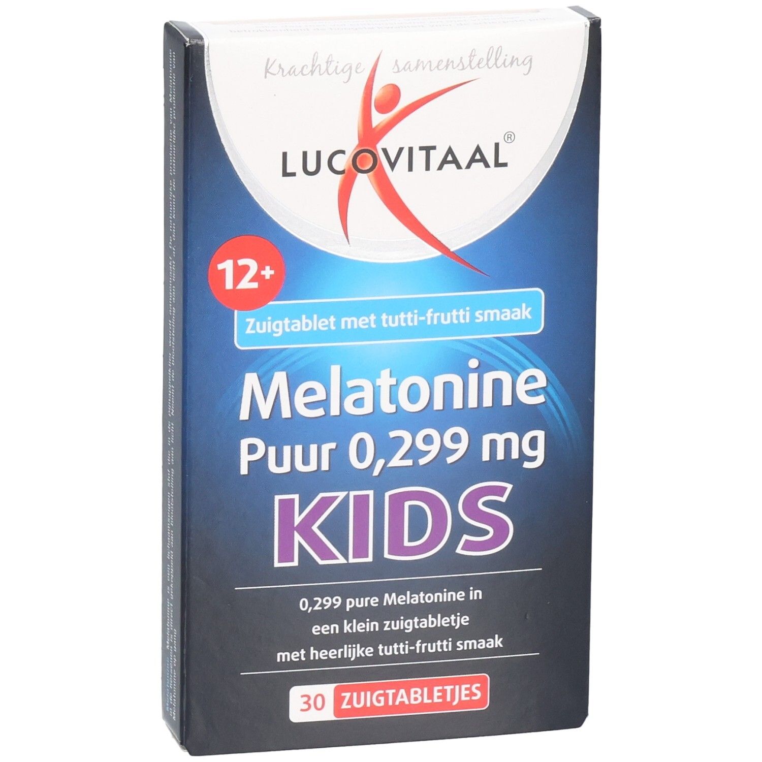 Boîte Lucovitaal Mélatonine Enfants. Contient 30 comprimés à sucer goût tutti-frutti. Pour enfants de 12 ans et plus.