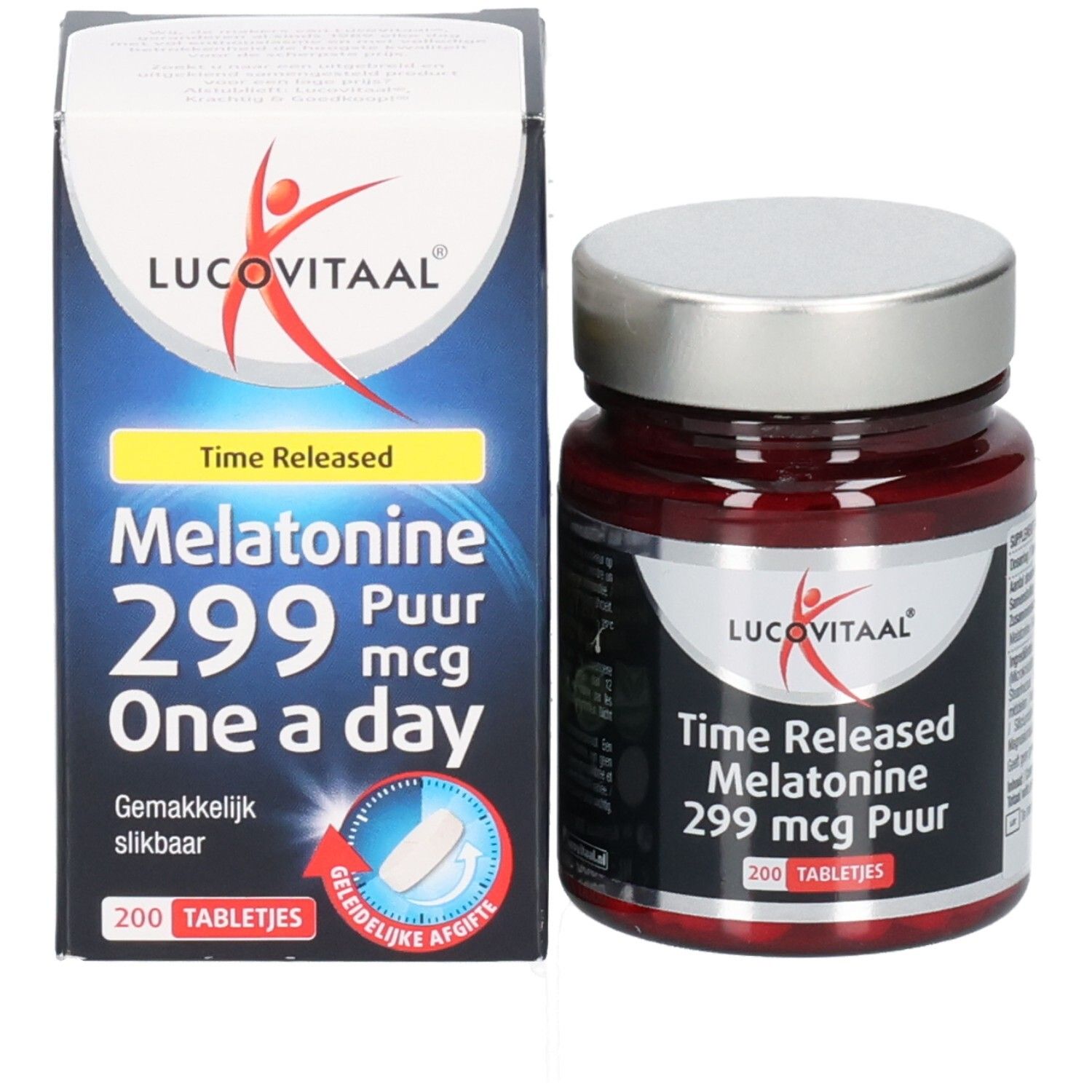 Emballage et flacon du produit. Emballage : Melatonine 299 mcg Puur. Flacon : 200 comprimés.