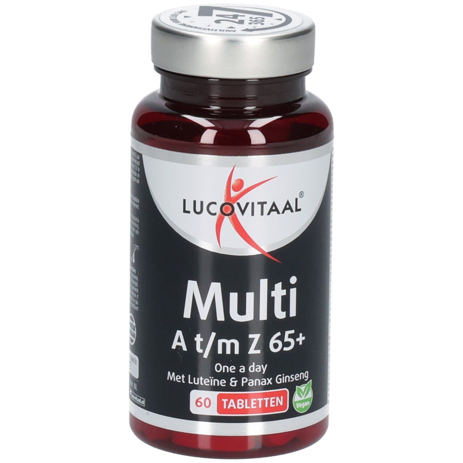 Flacon de comprimés brun avec couvercle argenté. Inscription : Lucovitaal, Multi A/m Z 65+, 60 comprimés. Label végétalien.