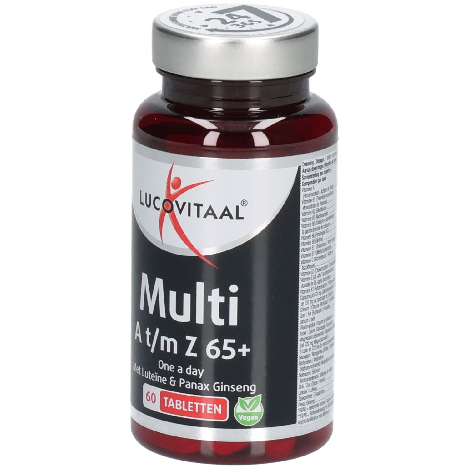 Flacon de comprimés brun avec couvercle argenté. Inscription : Lucovitaal, Multi A/m Z 65+, 60 comprimés. Label végétalien.