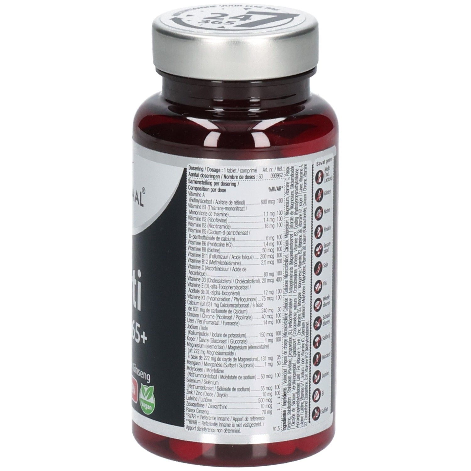 Dos du flacon de comprimés. Liste des ingrédients et valeurs nutritionnelles. Inscription : Lucovitaal, Multi A/m Z 65+.
