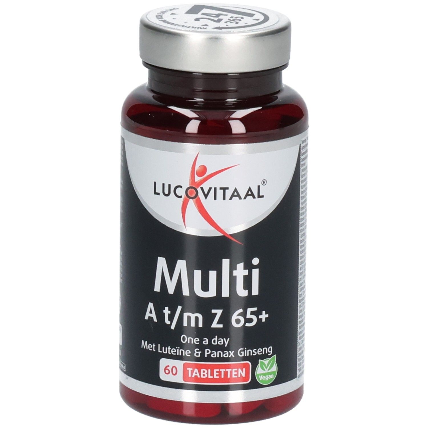 Flacon de comprimés brun avec couvercle argenté. Inscription : Lucovitaal, Multi A/m Z 65+, 60 comprimés. Label végétalien.