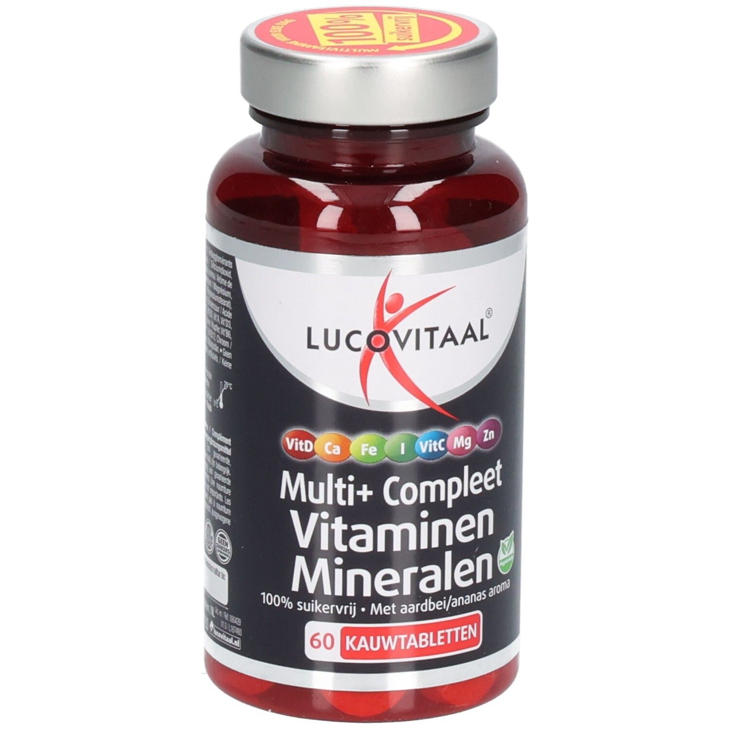 Flacon brun de comprimés. Inscription: Lucovitaal, Multi+ Compleet Vitaminen Mineralen. 60 comprimés à mâcher. Couvercle avec autocollant 100%.