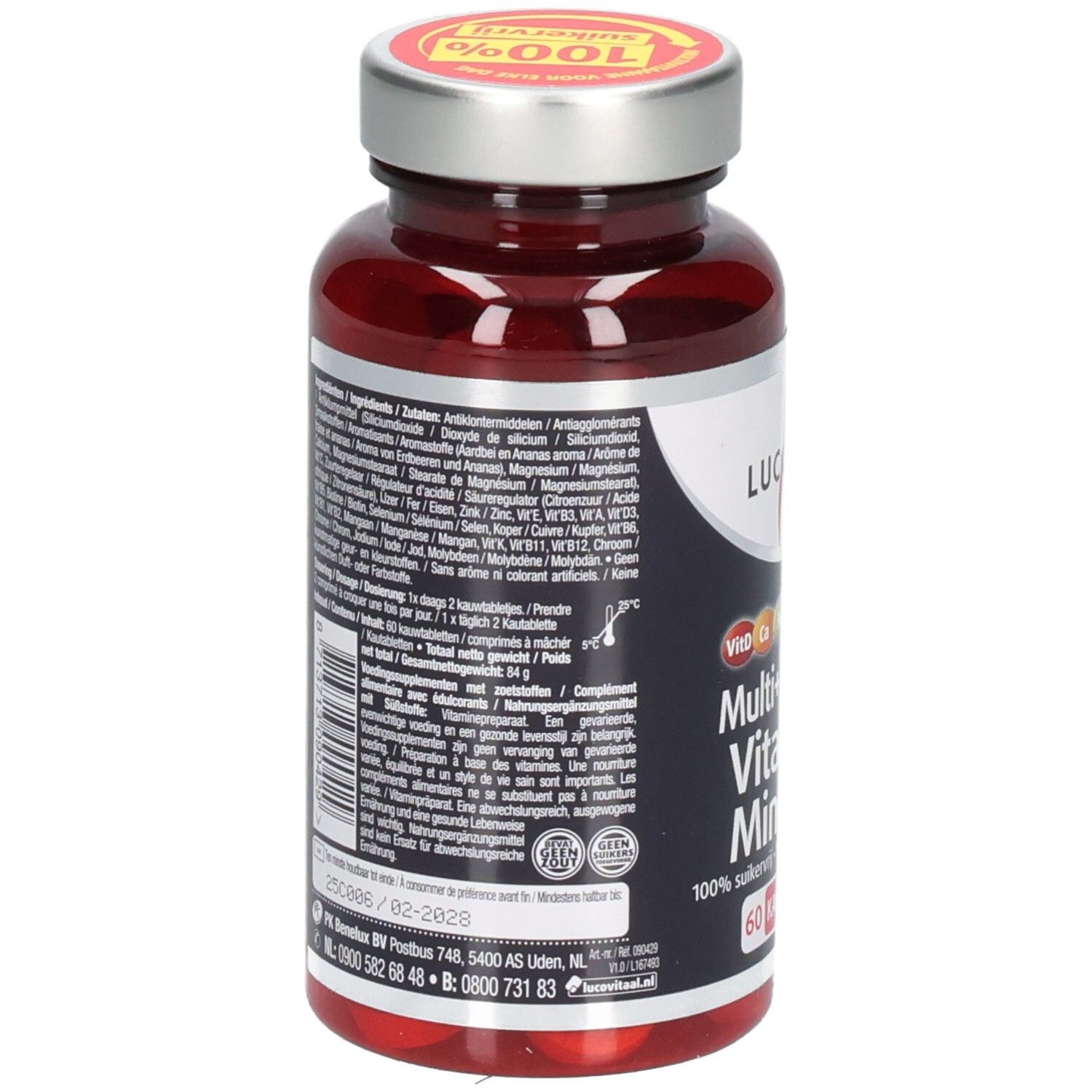 Dos du flacon avec informations sur les ingrédients et le fabricant. Inscription: Lucovitaal, Multi+ Compleet Vitaminen Mineralen. 60 comprimés à mâcher.