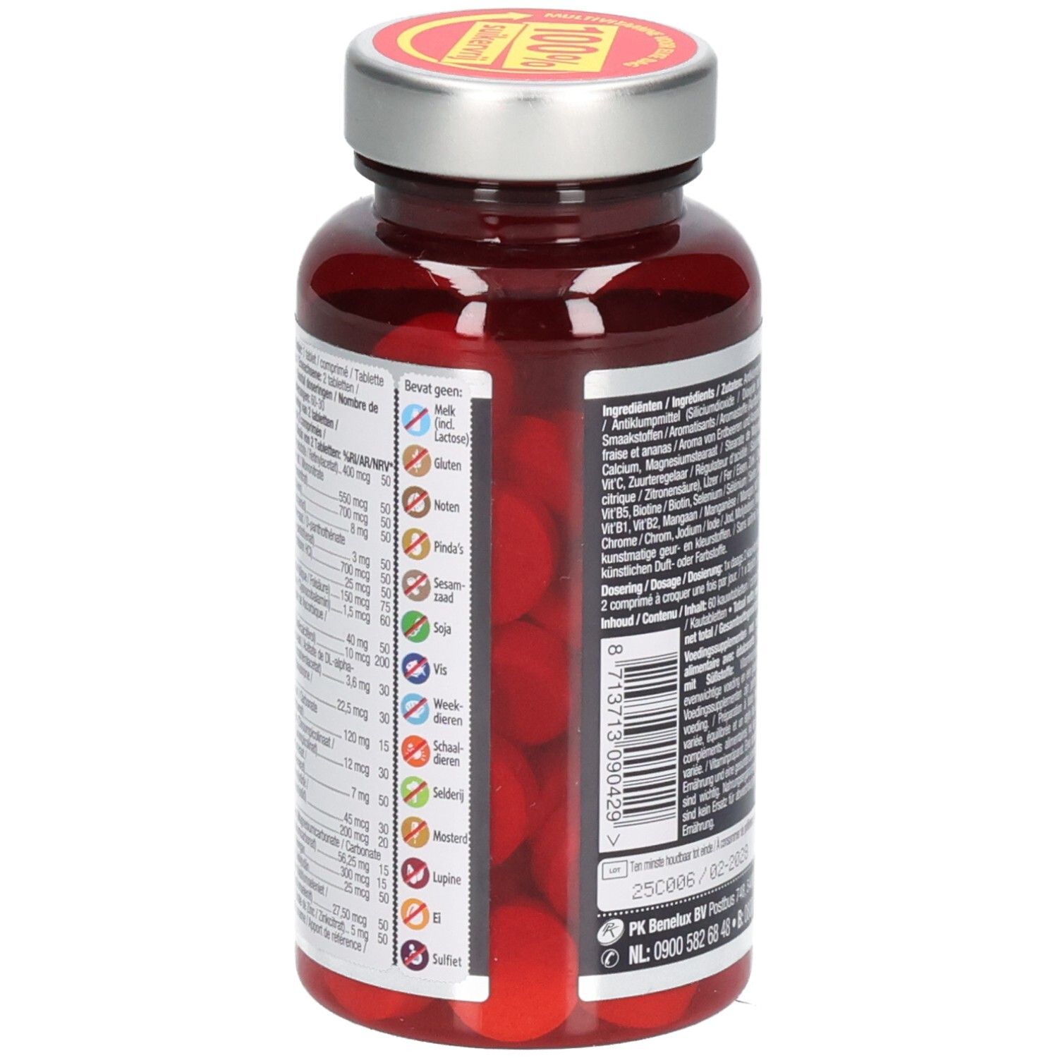 Flacon de comprimés vu de côté. Comprimés visibles. Inscription: Lucovitaal, Multi+ Compleet Vitaminen Mineralen. 60 comprimés à mâcher.