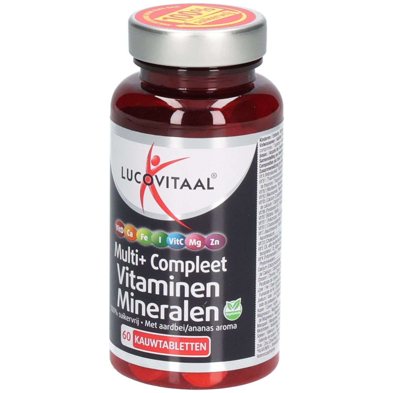 Flacon brun de comprimés. Inscription: Lucovitaal, Multi+ Compleet Vitaminen Mineralen. 60 comprimés à mâcher. Couvercle avec autocollant 100%. Logo vert.