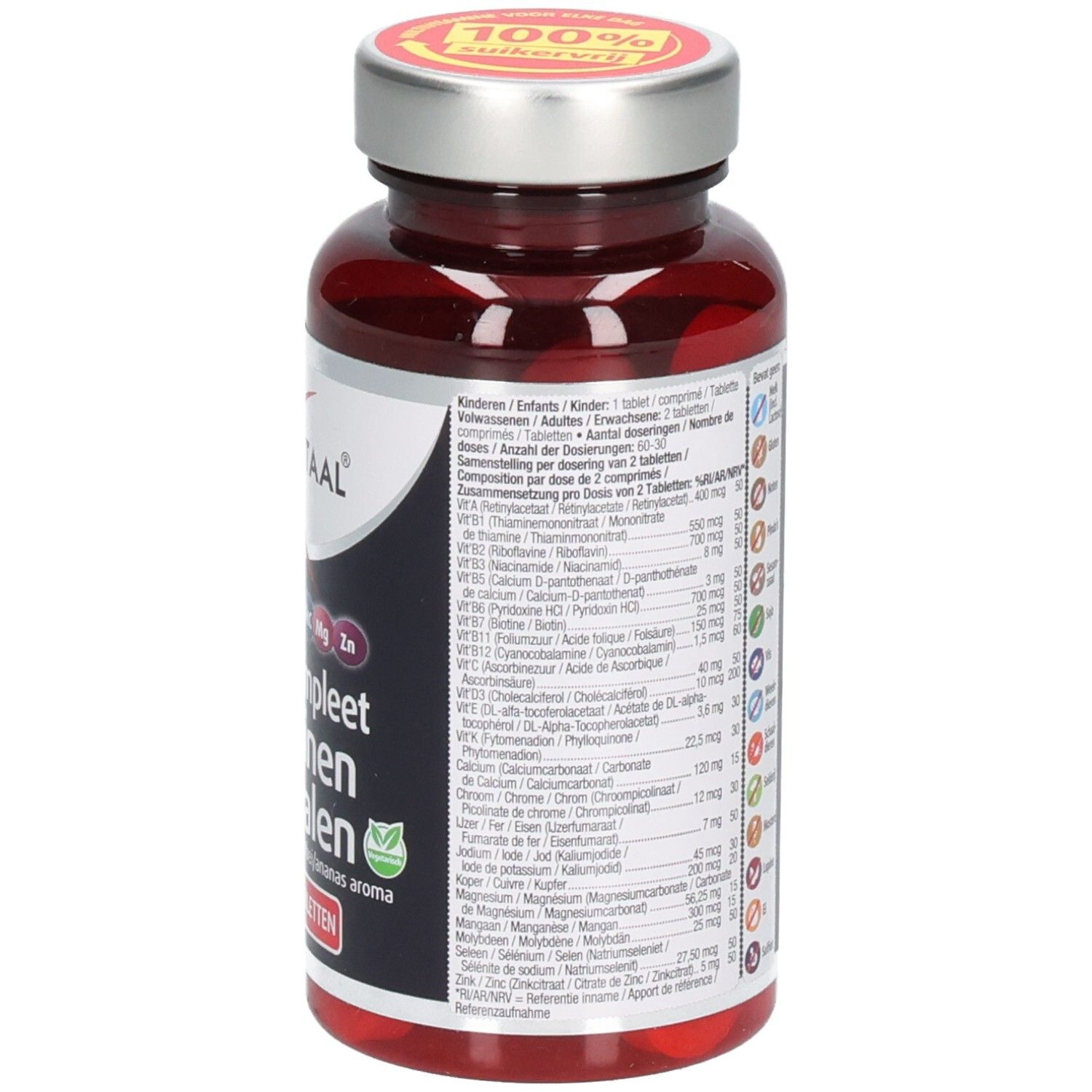 Dos du flacon avec informations sur les ingrédients et le dosage. Inscription: Lucovitaal, Multi+ Compleet Vitaminen Mineralen. 60 comprimés à mâcher. Logo vert.