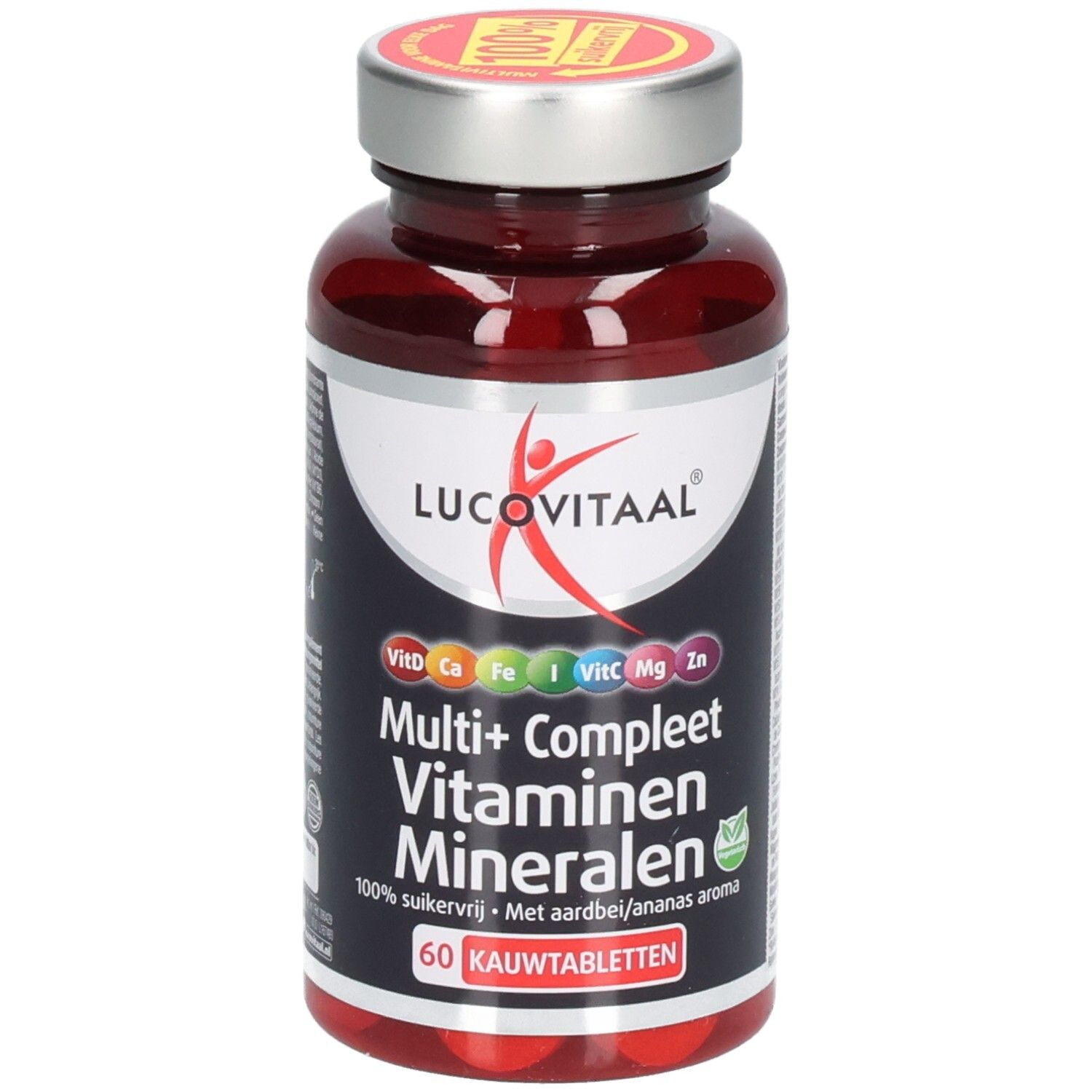 Flacon brun de comprimés. Inscription: Lucovitaal, Multi+ Compleet Vitaminen Mineralen. 60 comprimés à mâcher. Couvercle avec autocollant 100%. Logo vert.