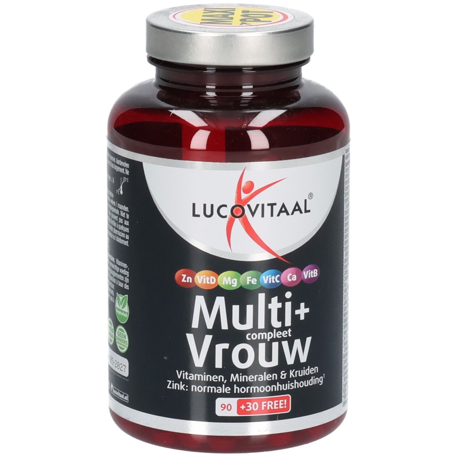 Flacon marron avec capsules. Inscription: Lucovitaal Multi+ Vrouw. Contient vitamines, minéraux et herbes. 90+30 comprimés.