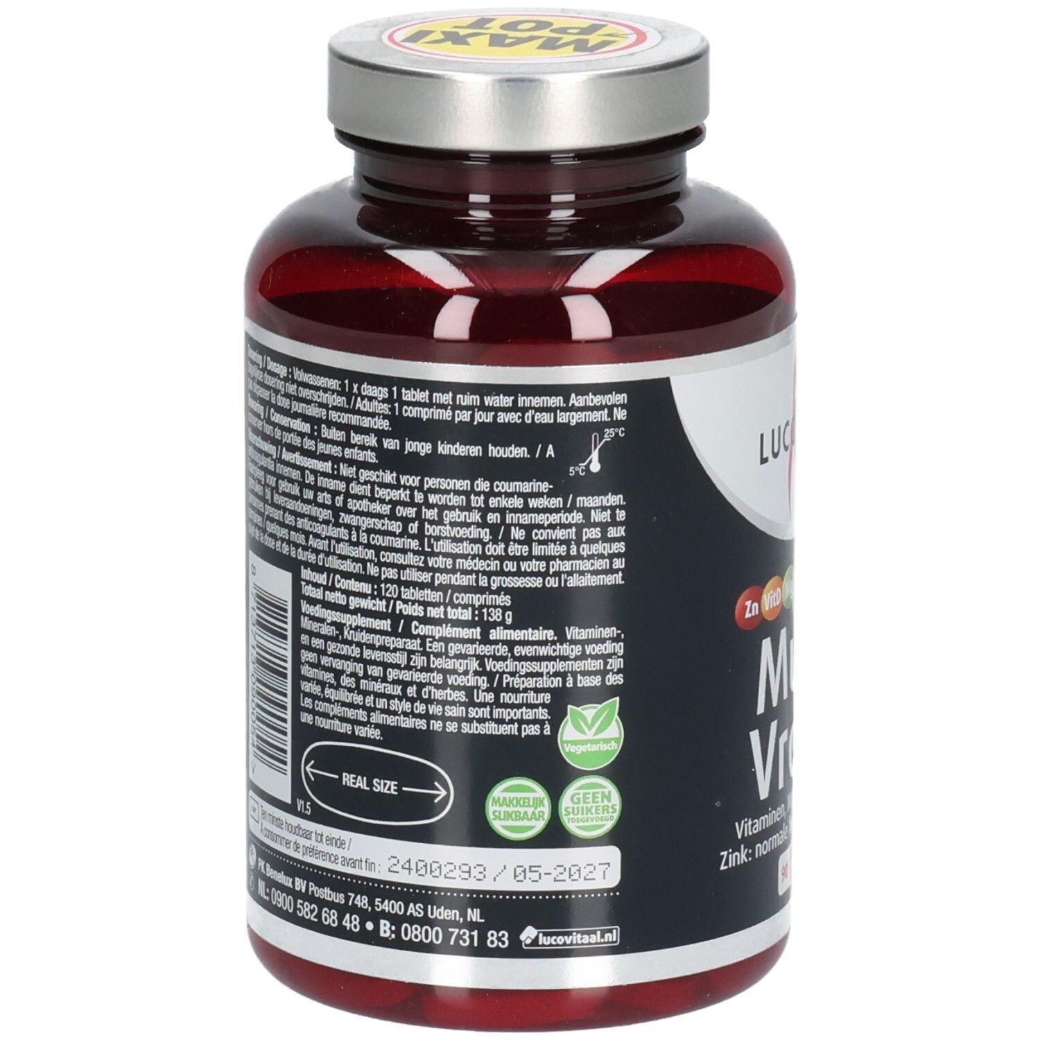 Dos de la bouteille avec texte. Contient des informations sur le dosage, les ingrédients et les avertissements. Avec labels.