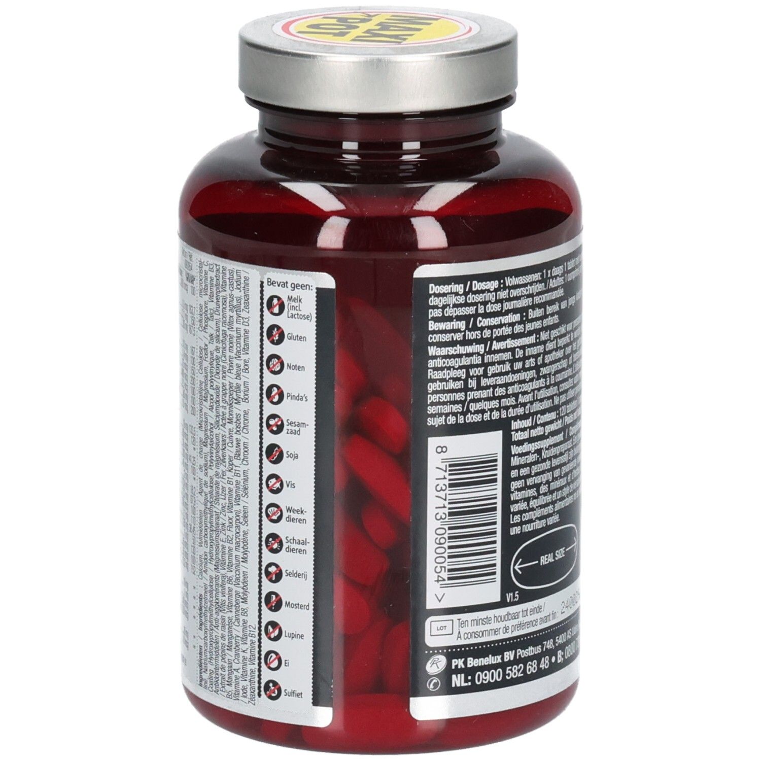 Vue arrière de la bouteille avec capsules. Informations et code-barres au dos.