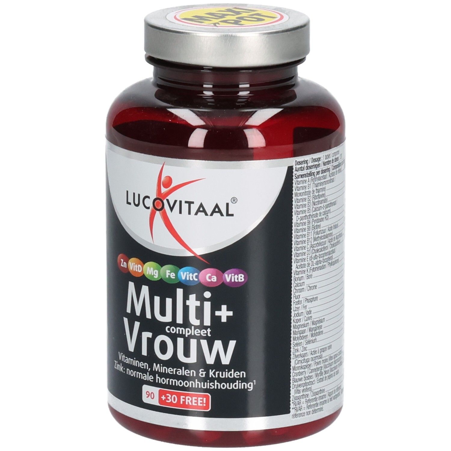 Flacon marron avec capsules. Inscription: Lucovitaal Multi+ Vrouw. Contient vitamines, minéraux et herbes. 90+30 comprimés.