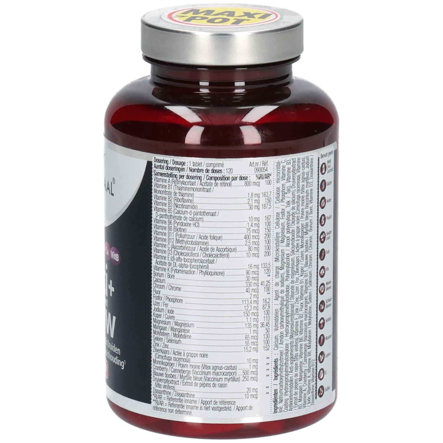 Dos de la bouteille avec texte. Contient des informations sur le dosage, les ingrédients et les avertissements.