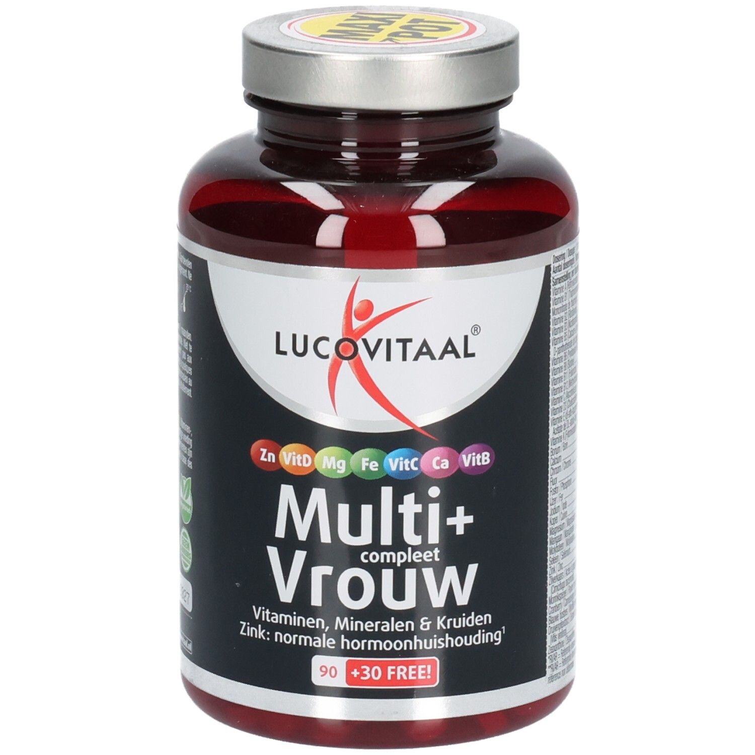 Flacon marron avec capsules. Inscription: Lucovitaal Multi+ Vrouw. Contient vitamines, minéraux et herbes. 90+30 comprimés.
