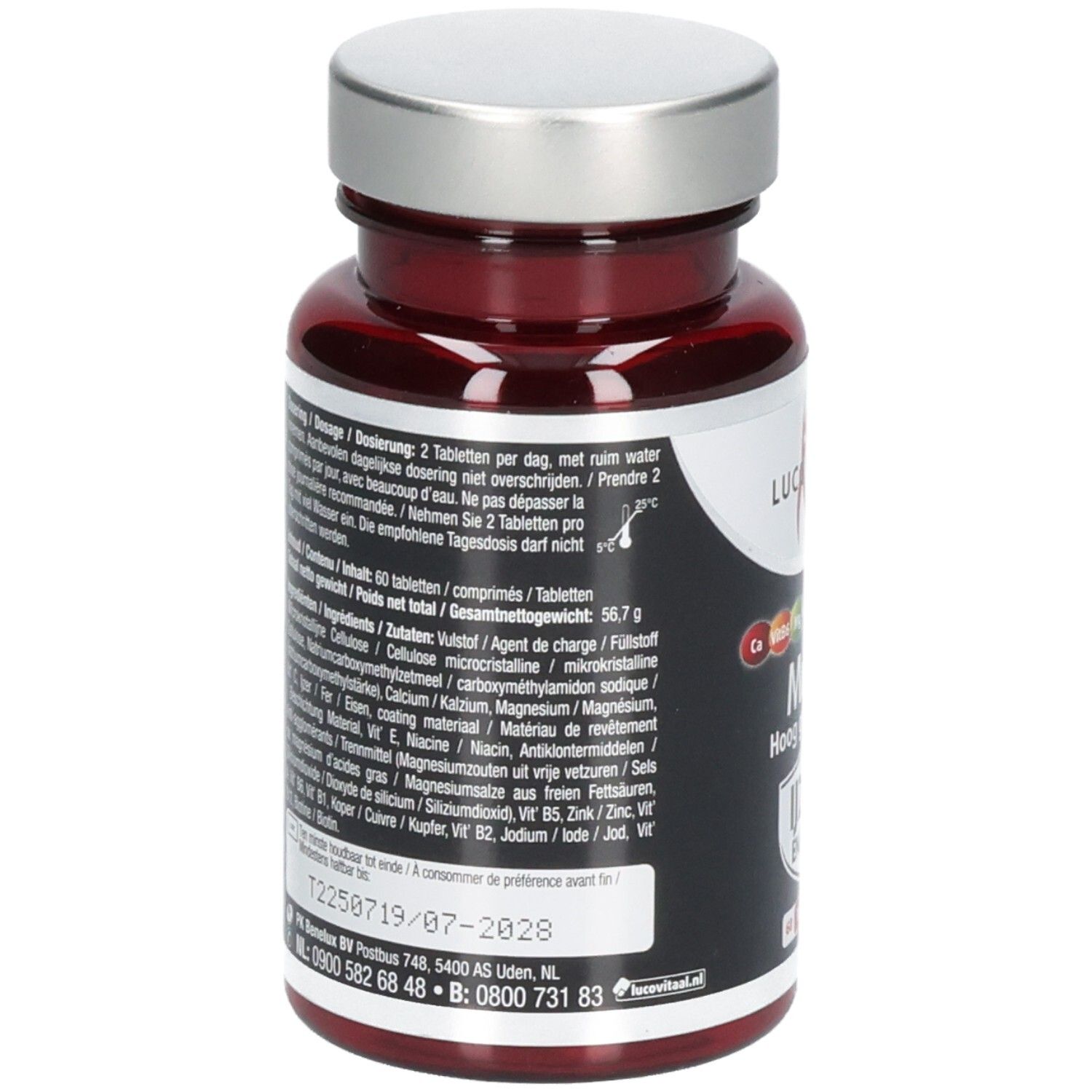 Dos du flacon rouge avec bouchon argenté. Texte avec ingrédients et dosage. 60 comprimés.
