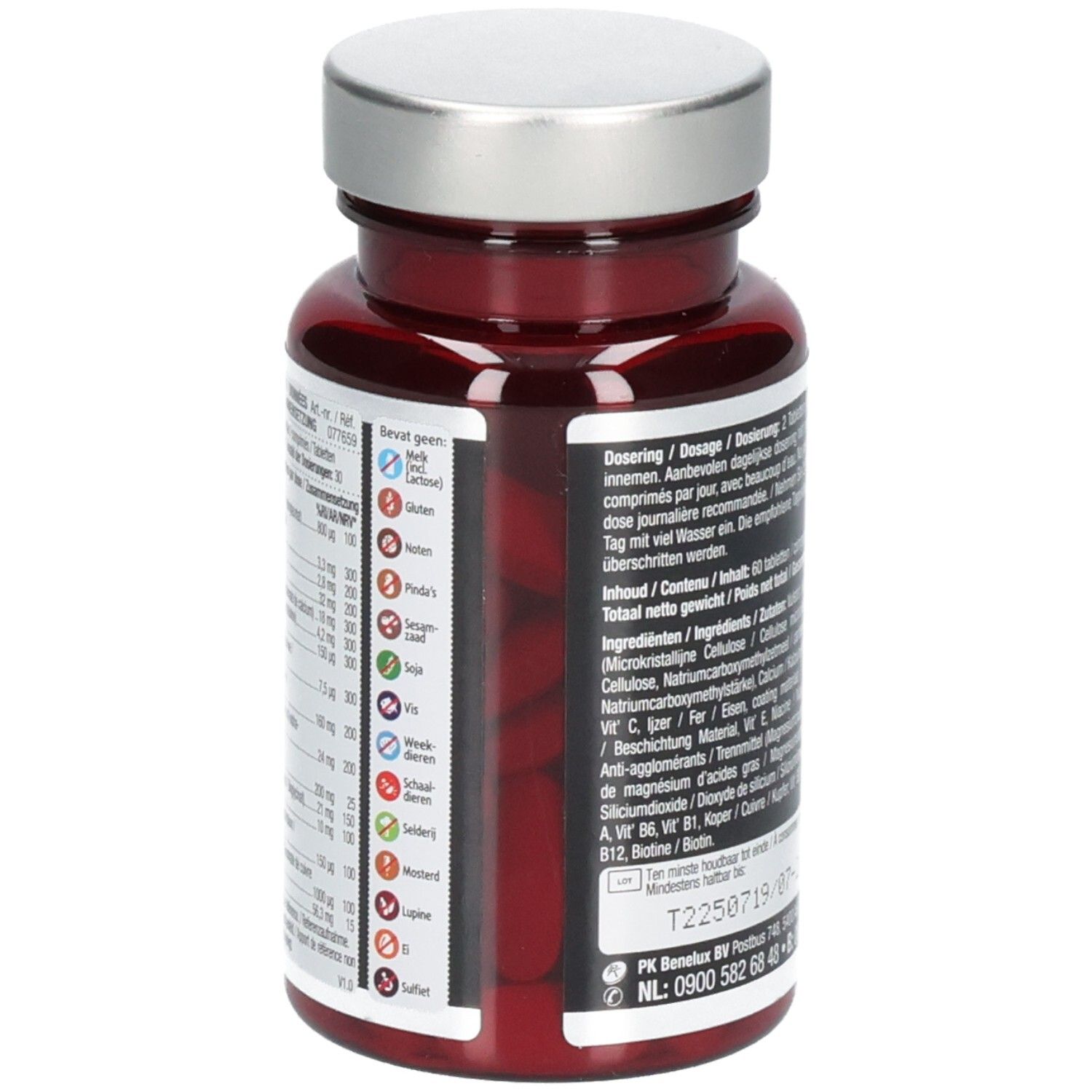 Flacon rouge avec bouchon argenté. Vue détaillée des ingrédients et du dosage. 60 comprimés.