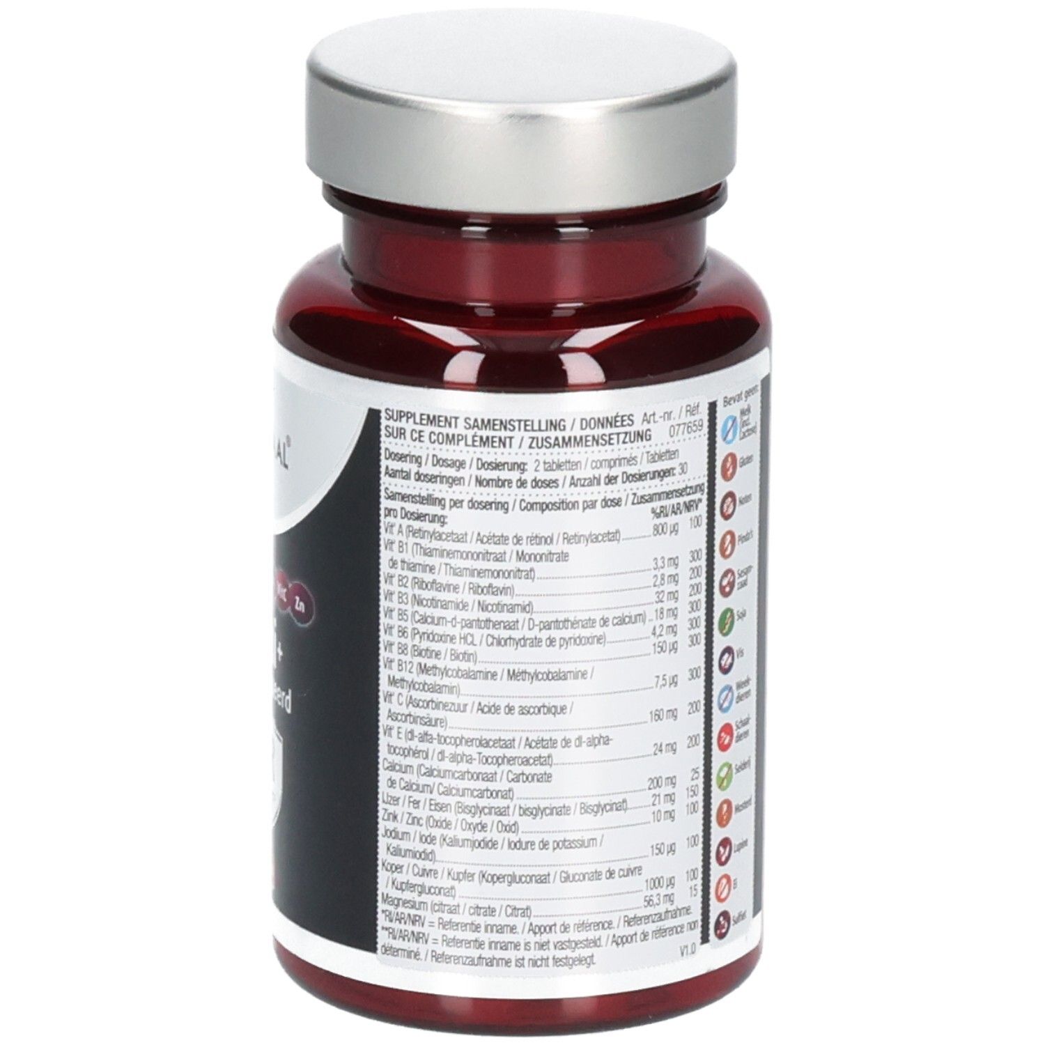 Flacon rouge avec bouchon argenté. Vue détaillée des ingrédients et du dosage. 60 comprimés.