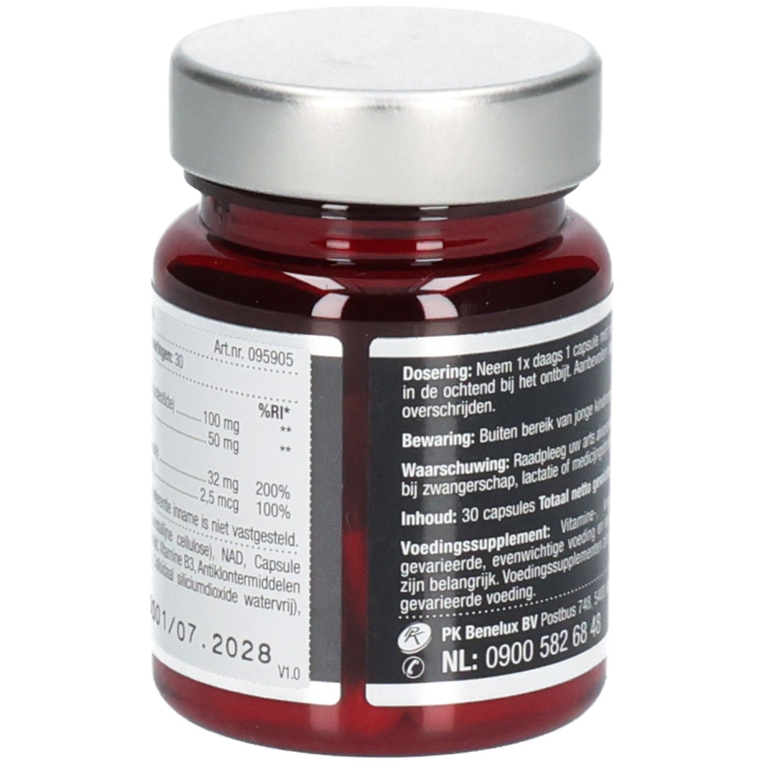 Flacon en verre rouge avec bouchon argenté. Dos avec texte et informations sur les ingrédients. Contient 30 gélules.