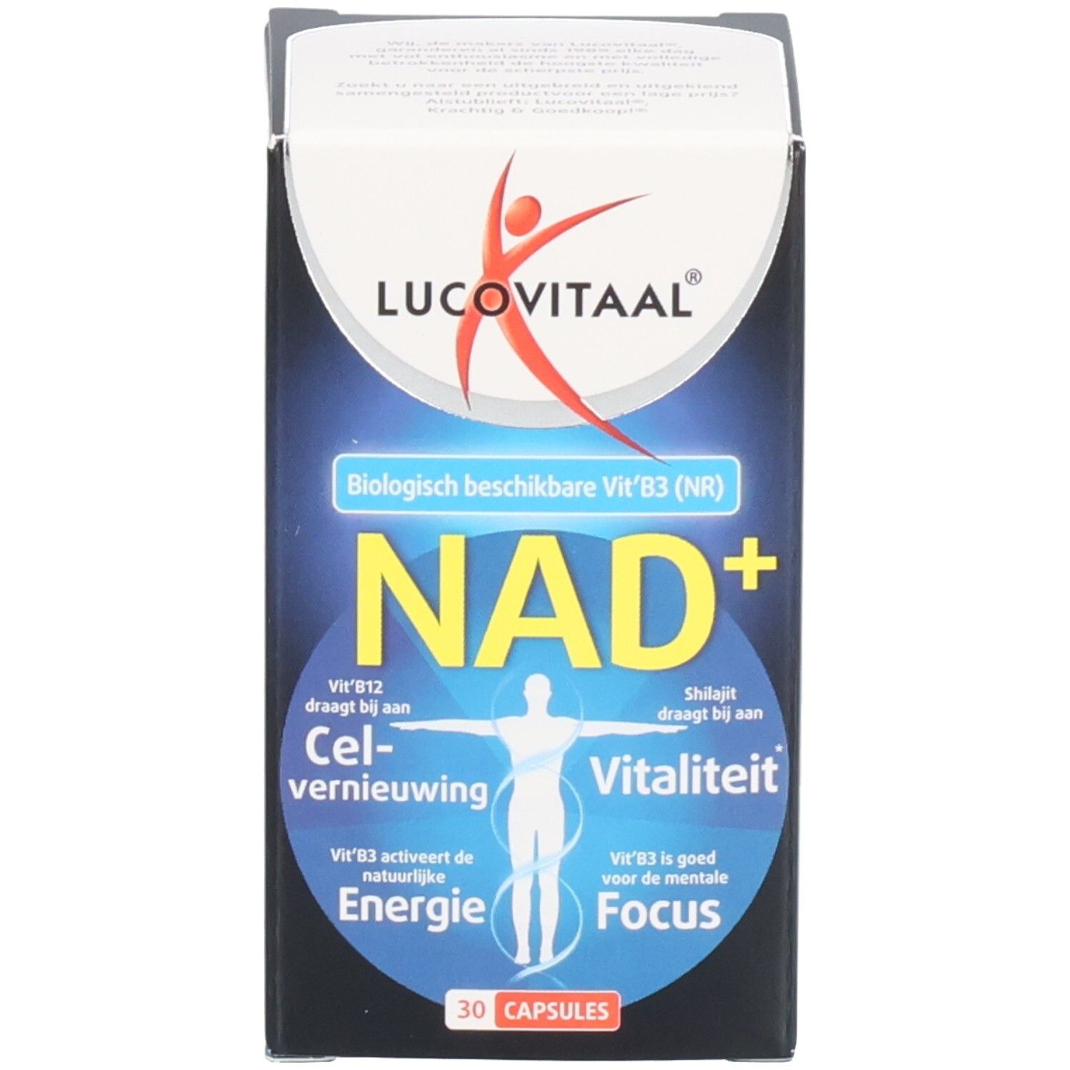 Emballage du produit. Inscription: Lucovitaal, NAD+, 30 gélules. Contient Vit. B3 (NR).