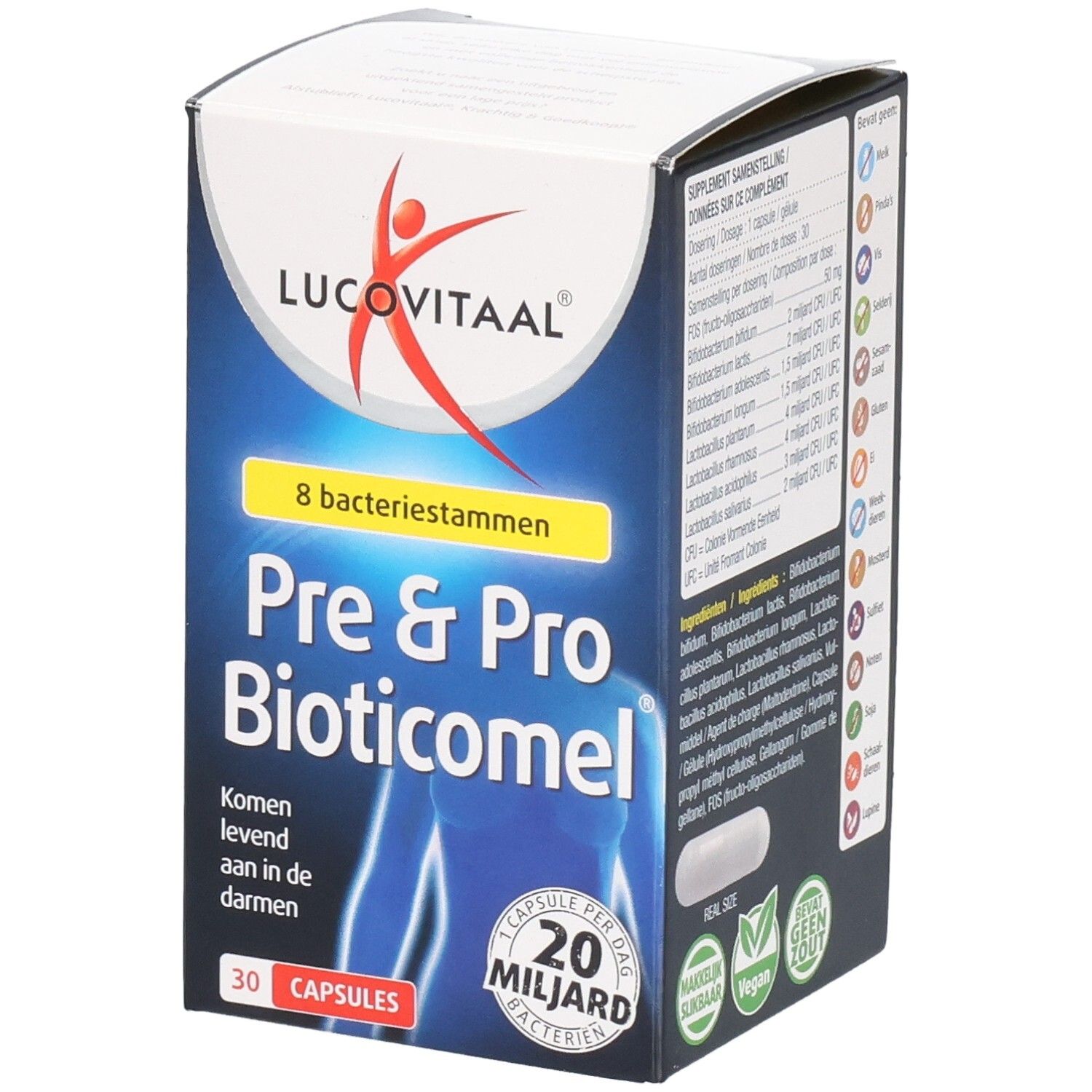 Boîte de Lucovitaal Pre & Pro Bioticomel. Contient 30 gélules. Inscription : 20 milliards de bactéries.