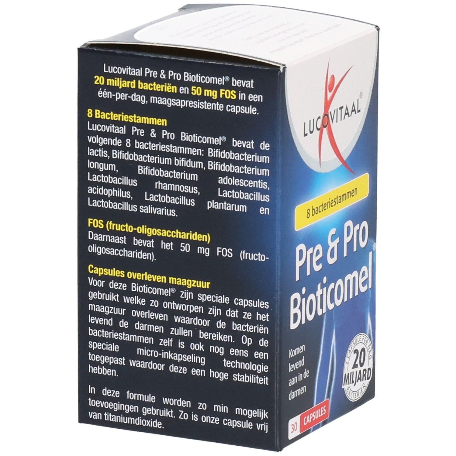 Boîte de Lucovitaal Pre & Pro Bioticomel. Texte sur 8 souches bactériennes et 20 milliards de bactéries.