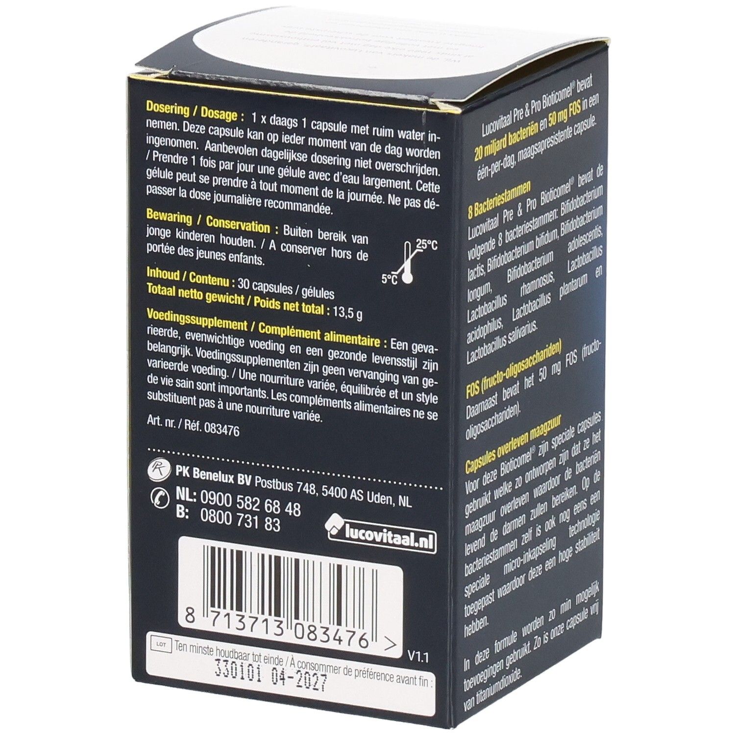 Dos de la boîte de Lucovitaal Pre & Pro Bioticomel. Contient des informations sur le dosage et les ingrédients.