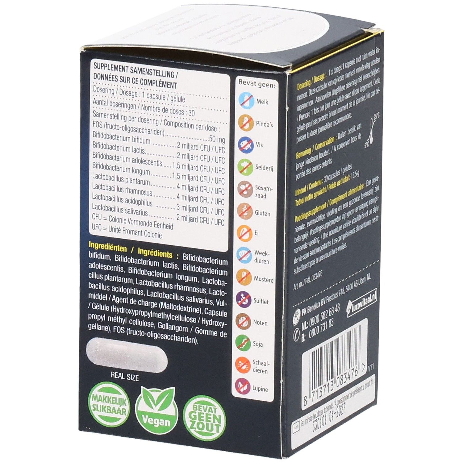 Côté de la boîte de Lucovitaal Pre & Pro Bioticomel. Contient des informations sur les ingrédients et les allergènes.