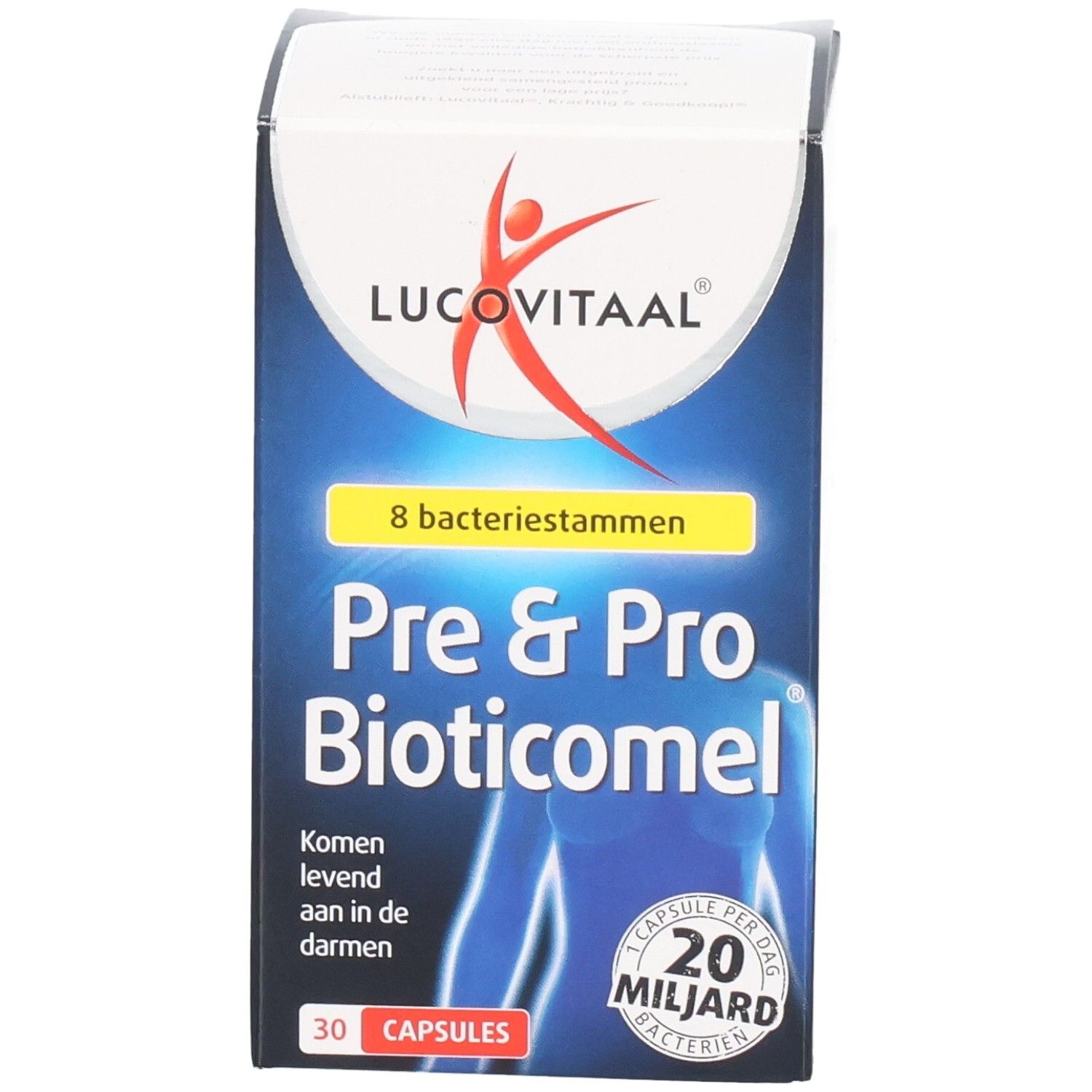 Boîte de Lucovitaal Pre & Pro Bioticomel. Contient 30 gélules. Inscription : 20 milliards de bactéries.