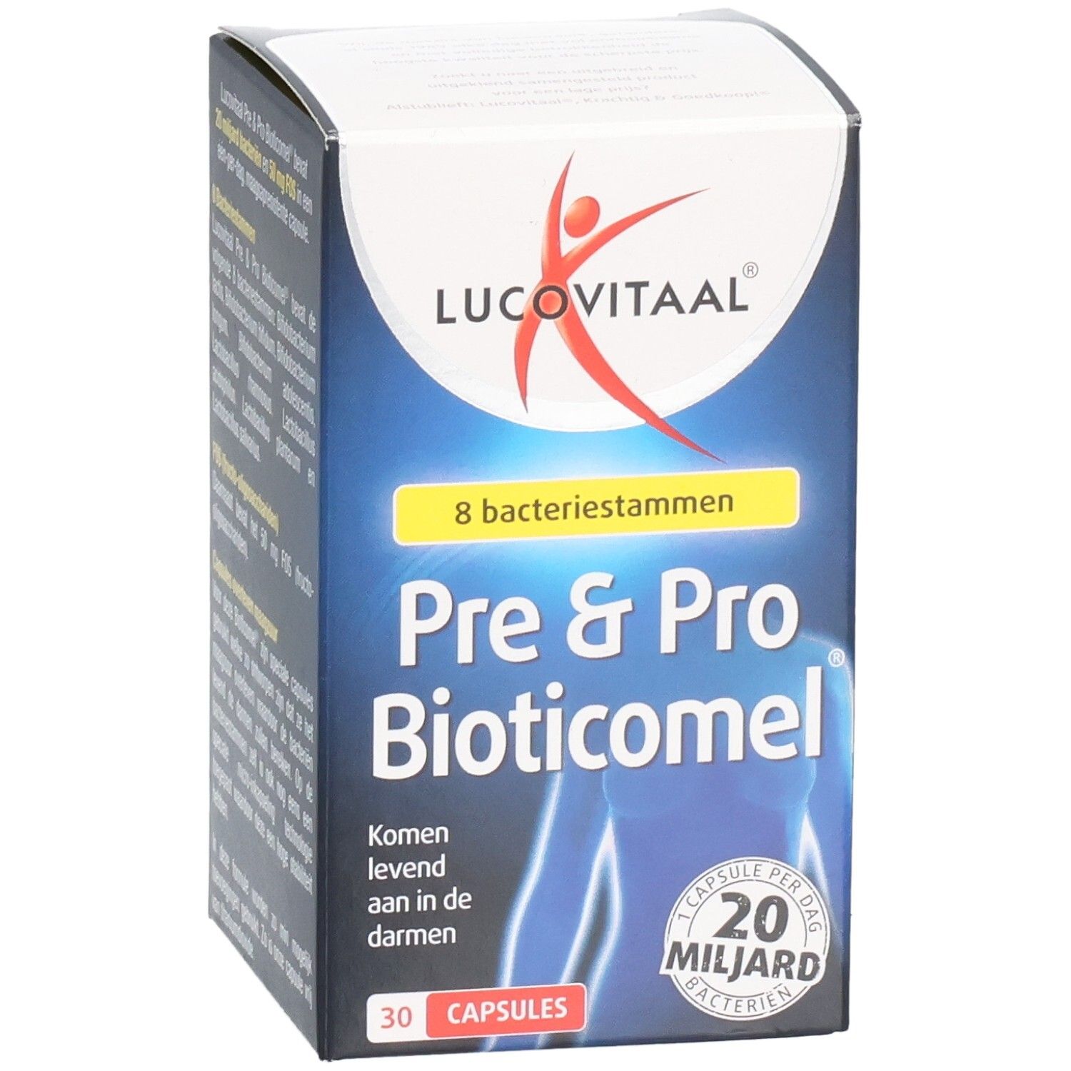 Boîte de Lucovitaal Pre & Pro Bioticomel. Contient 30 gélules. Inscription : 20 milliards de bactéries.